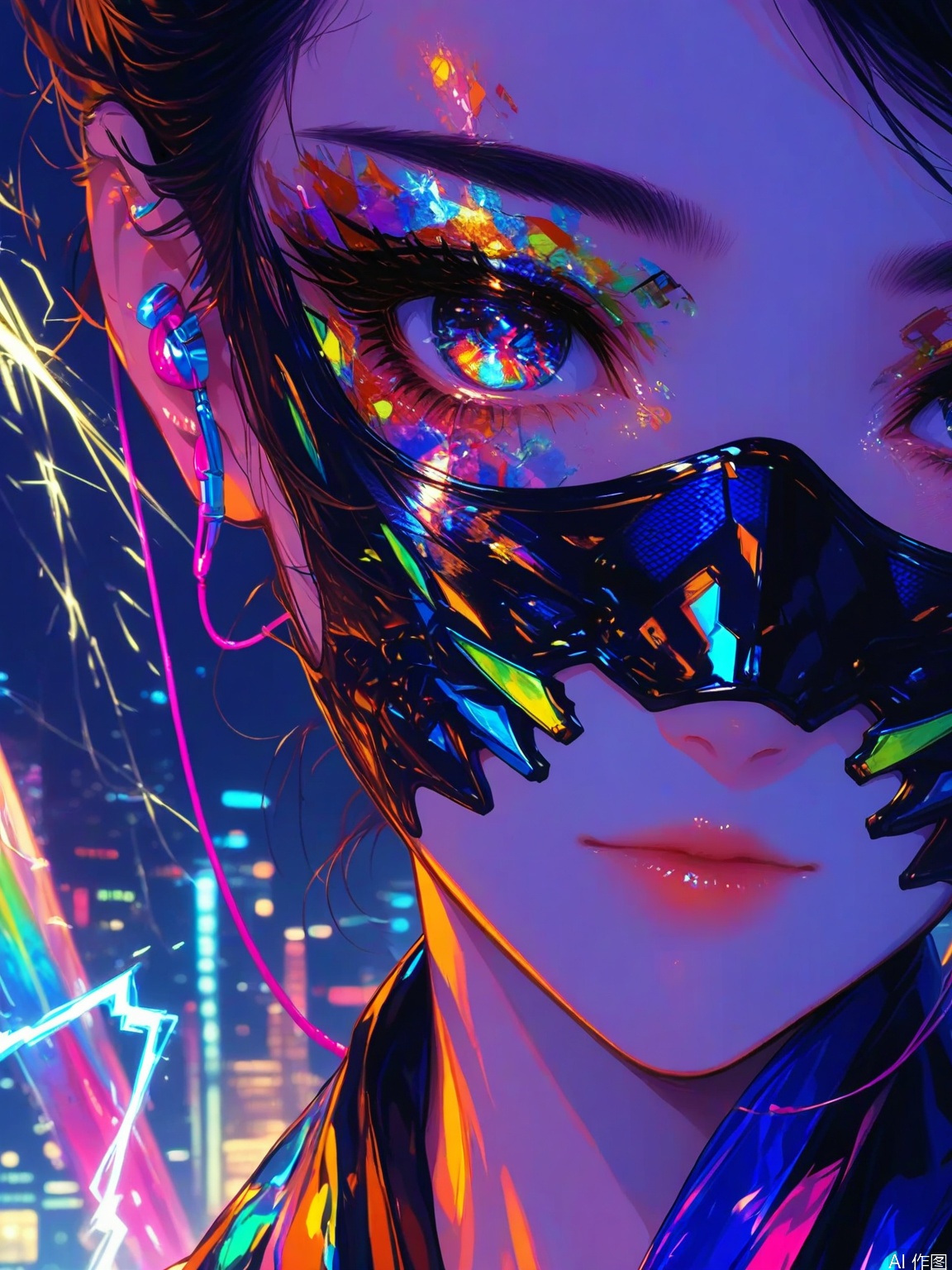 masterpiece, best quality, high quality, Facial close-up, (colorful), solo, cyberpunk, girl, swept bangs, neon lights, ((mechanical mask)), Mechanical earphones, Very beautiful eyes, (close-up), crystal, thunder and lightning