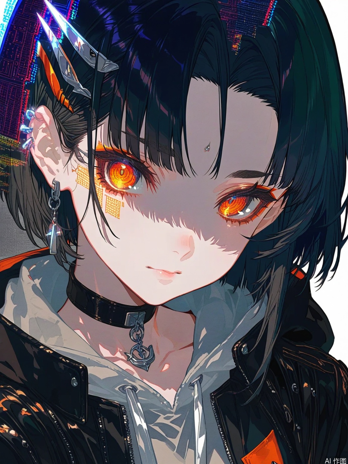 cogecha,(mika pikazo:0.4),[:(onono imoko:0.7),:12](rhasta:0.4),[quasarcake,::12][(jima:0.8),::12] Full-body portrait of a pale-skinned girl standing defiantly with one hand resting on her hip, waist-length raven hair split by a glowing hairclip shaped like circuit boards cascading over her shoulders. Her knife-cut bangs partially veil orange eyes with amber irises resembling molten metal, twin silver ear cuffs climbing up the right ear’s helix. A cropped black bomber jacket reveals a distressed gray hoodie with the hood collapsed, its drawstrings ending in micro LED capsules flickering error-red. Tactical thigh-high boots with hexagonal treads anchor the composition, their matte surface contrasting against the wrinkled leather of the crossbody bag slung low on her hips. Fishnet patterns emerge beneath torn black stockings, while a choker necklace with a suspended hologram emitter projects glitching katakana symbols across her collarbone. The sterile white background gradually pixelates into wireframe cityscapes at the edges, her shadow morphing into data streams containing floating sneaker brand logos.