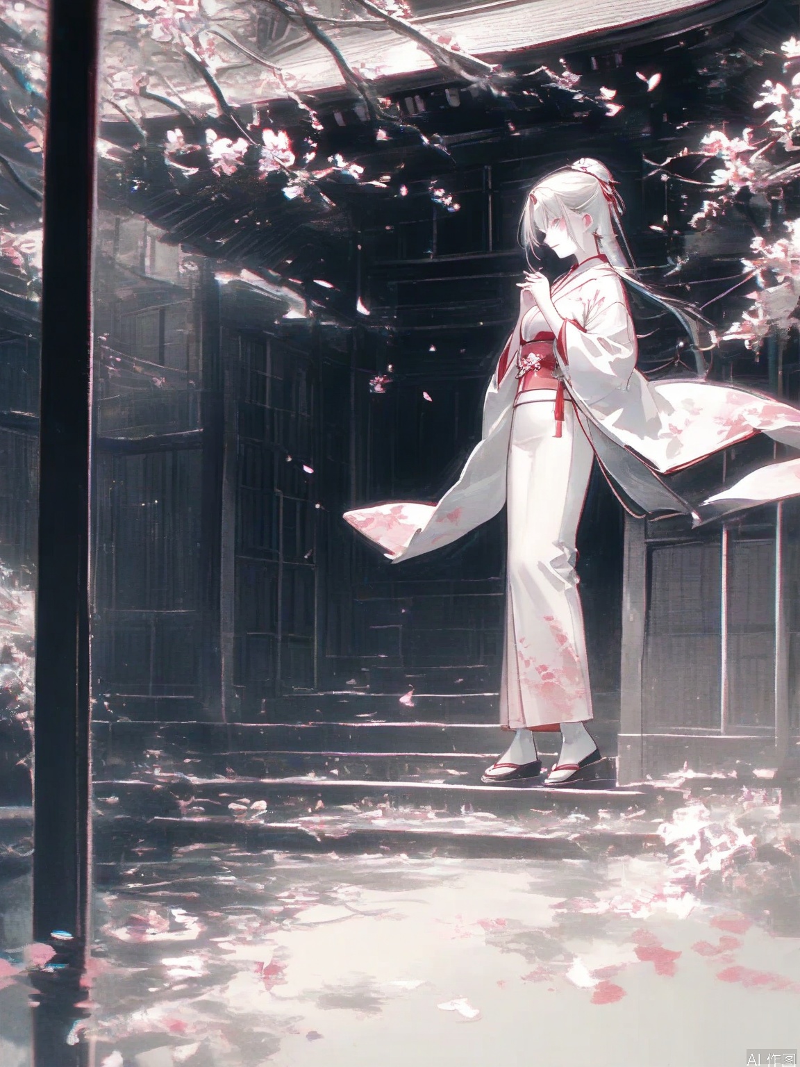 Cel-shaded shrine maiden dancing through sakura petals that transform into digital glitches, traditional ink wash clouds blending with neon grid patterns, 8K kimono texture details with holographic obi sash refraction"