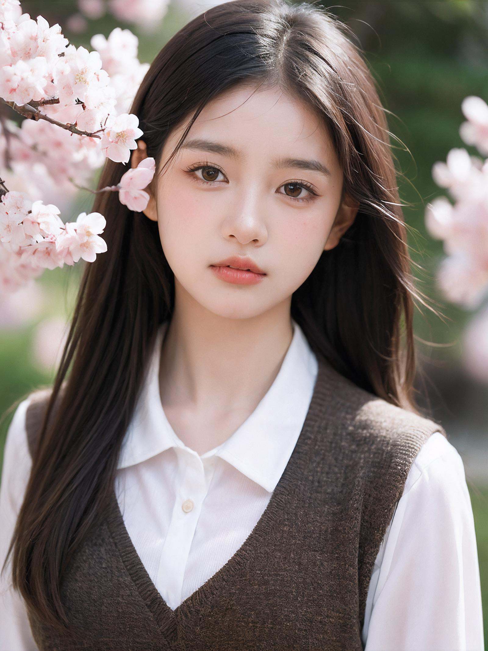 cherry_blossoms,falling_petals,solo,1girl,upper body,looking at viewer,school uniform,1girl,solo,brown hair,brown eyes,realistic,lips,portrait,close-up,closed mouth,looking at viewer,
