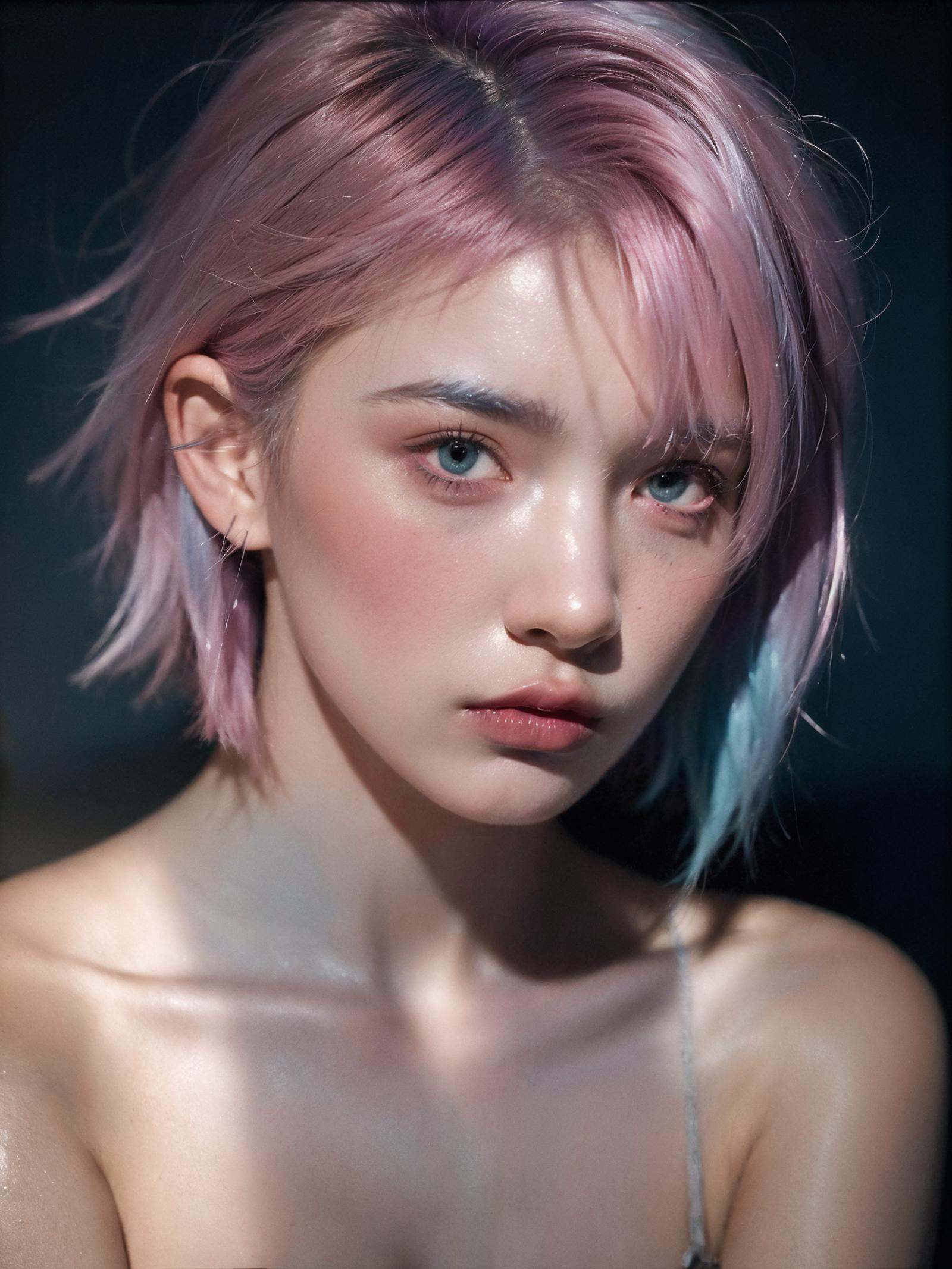depressed,portrait of 1girl by Bill Henson,depressed,ruins,shadows,dramatic lighting,sunset,contemporary,dark,expressionism,dystopia,industrial,Half bodysliver gradient Short hair,(sliver hair:1.1),(light blue hair:1.1),(pink hair:1.2),(close_up:1.4),