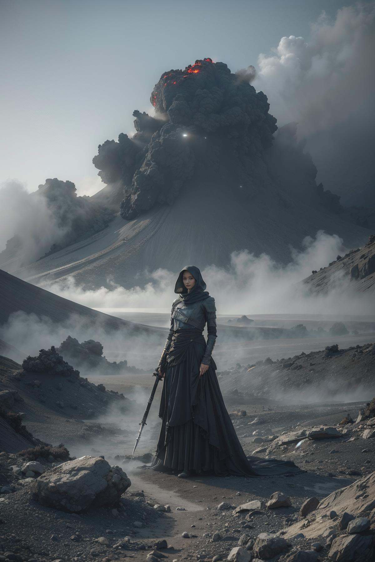 1girl,holding weapon,facing viewer,long dress,desert planet Arrakis,Dune,immense sand dunes,volcanic eruption,arid climate,dry terrain,precious resource,harsh environment,ominous atmosphere,(moody lighting),interstellar travel,advanced technology,space suits,futuristic machinery,gigantic sandworms,tribal Fremen,epic scale,(best quality,4k,8k,highres,masterpiece:1.2),ultra-detailed,(realistic,photorealistic,photo-realistic:1.37),sci-fi landscape,concept art,<lora:沐辰时尚废土:0.7>,