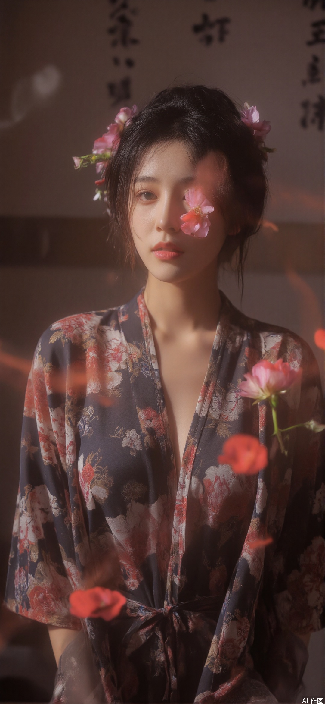hubggirl,
A young Asian woman wearing a flower wreath,An Acrylic style painting that is expressive, gives it a dynamic and emotional quality.a woman with a ethereal red and blue mist surrounding her body. The mist creates a dramatic and surreal effect. A red flower, that is blooming, covering one eye, attached to the face. The woman has a cold aesthetic, complimented by her white hair. Anime art of woman draped in shadows with a lighting that enhances her sexy unique features. with a black kimono adorned with flowers. The background is blurred The background is a wall with Chinese characters written on it creating a stark contrast to the woman's outfit. filled with red rose petals.