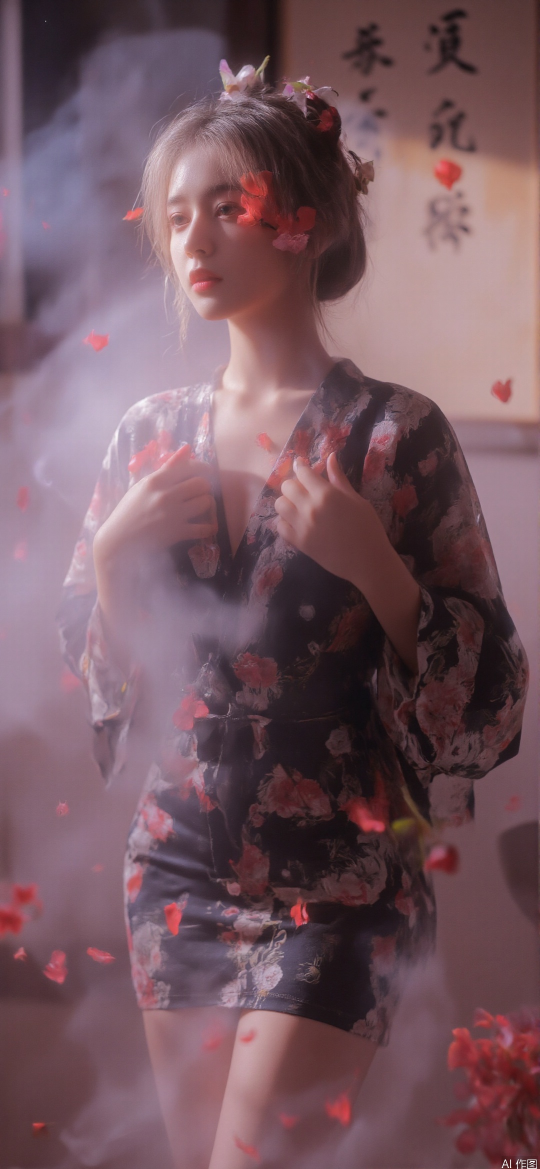 hubggirl,
A young Asian woman wearing a flower wreath,An Acrylic style painting that is expressive, gives it a dynamic and emotional quality.a woman with a ethereal red and blue mist surrounding her body. The mist creates a dramatic and surreal effect. A red flower, that is blooming, covering one eye, attached to the face. The woman has a cold aesthetic, complimented by her white hair. Anime art of woman draped in shadows with a lighting that enhances her sexy unique features. with a black kimono adorned with flowers. The background is blurred The background is a wall with Chinese characters written on it creating a stark contrast to the woman's outfit. filled with red rose petals.