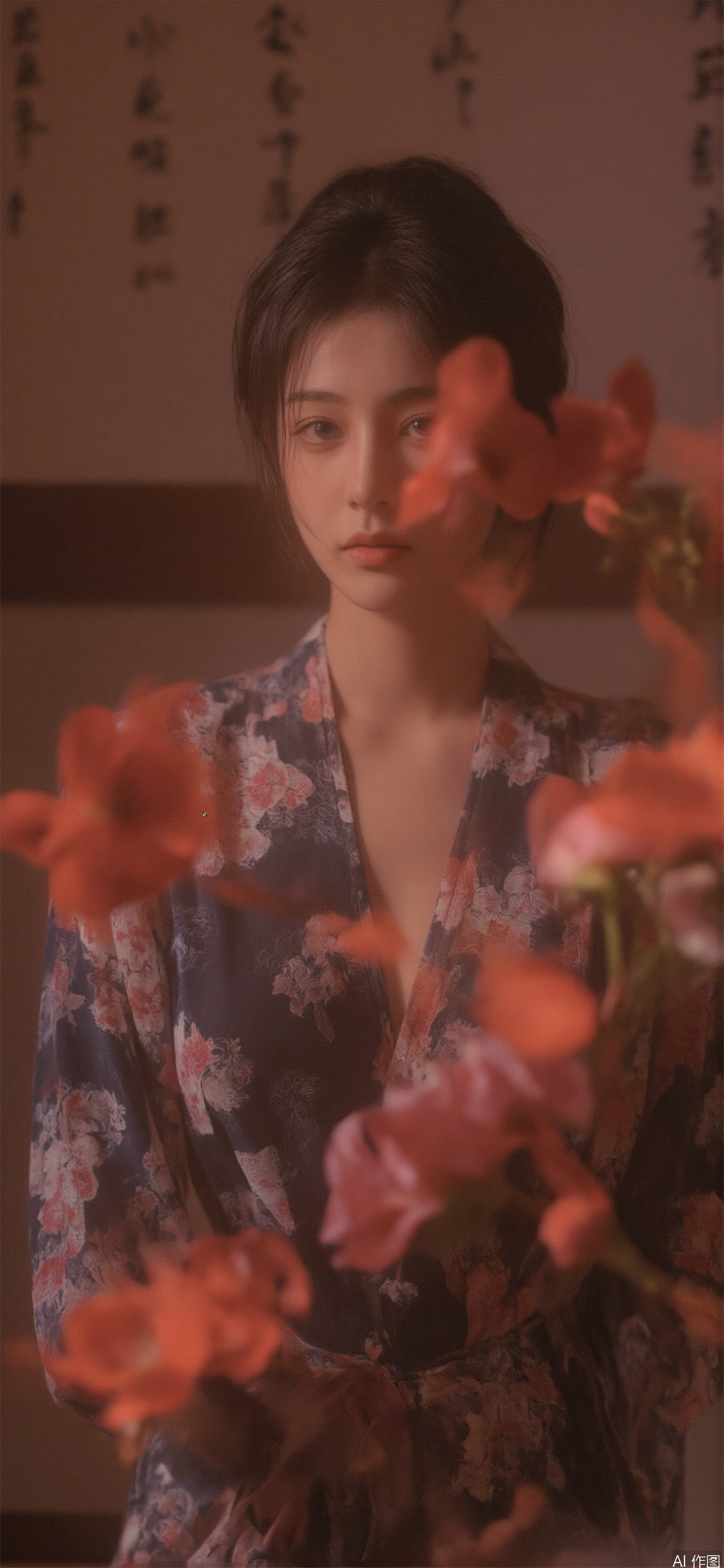 hubggirl,
A young Asian woman wearing a flower wreath,An Acrylic style painting that is expressive, gives it a dynamic and emotional quality.a woman with a ethereal red and blue mist surrounding her body. The mist creates a dramatic and surreal effect. A red flower, that is blooming, covering one eye, attached to the face. The woman has a cold aesthetic, complimented by her white hair. Anime art of woman draped in shadows with a lighting that enhances her sexy unique features. with a black kimono adorned with flowers. The background is blurred The background is a wall with Chinese characters written on it creating a stark contrast to the woman's outfit. filled with red rose petals.