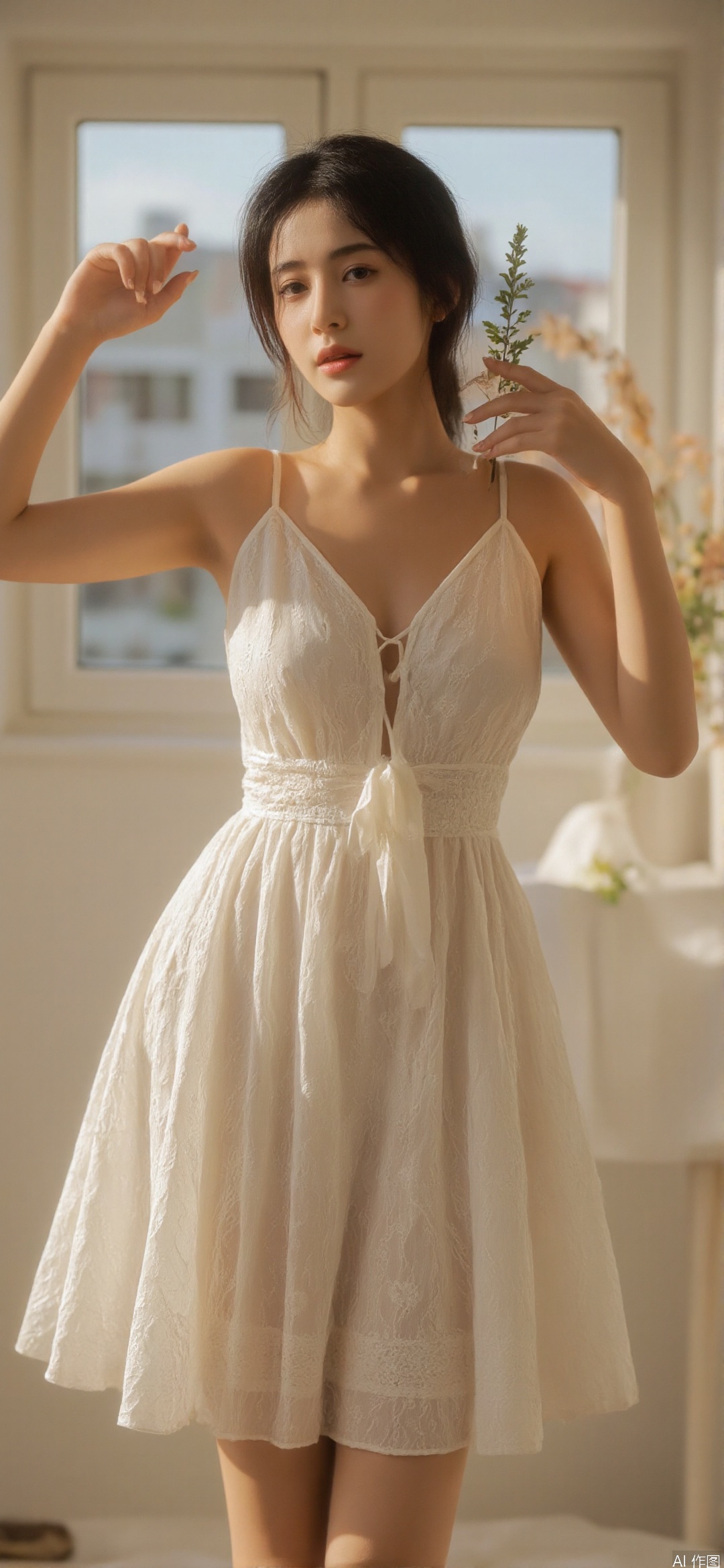 hubggirl,
a woman in a white dress stands in front of a window, holding a small plant in her right hand. The woman's left arm is stretched across the frame, while her right arm is bent at the elbow. Her left hand is positioned in the air, adding a touch of movement to the scene. The sun is shining through the window, creating a soft glow on the woman's face.