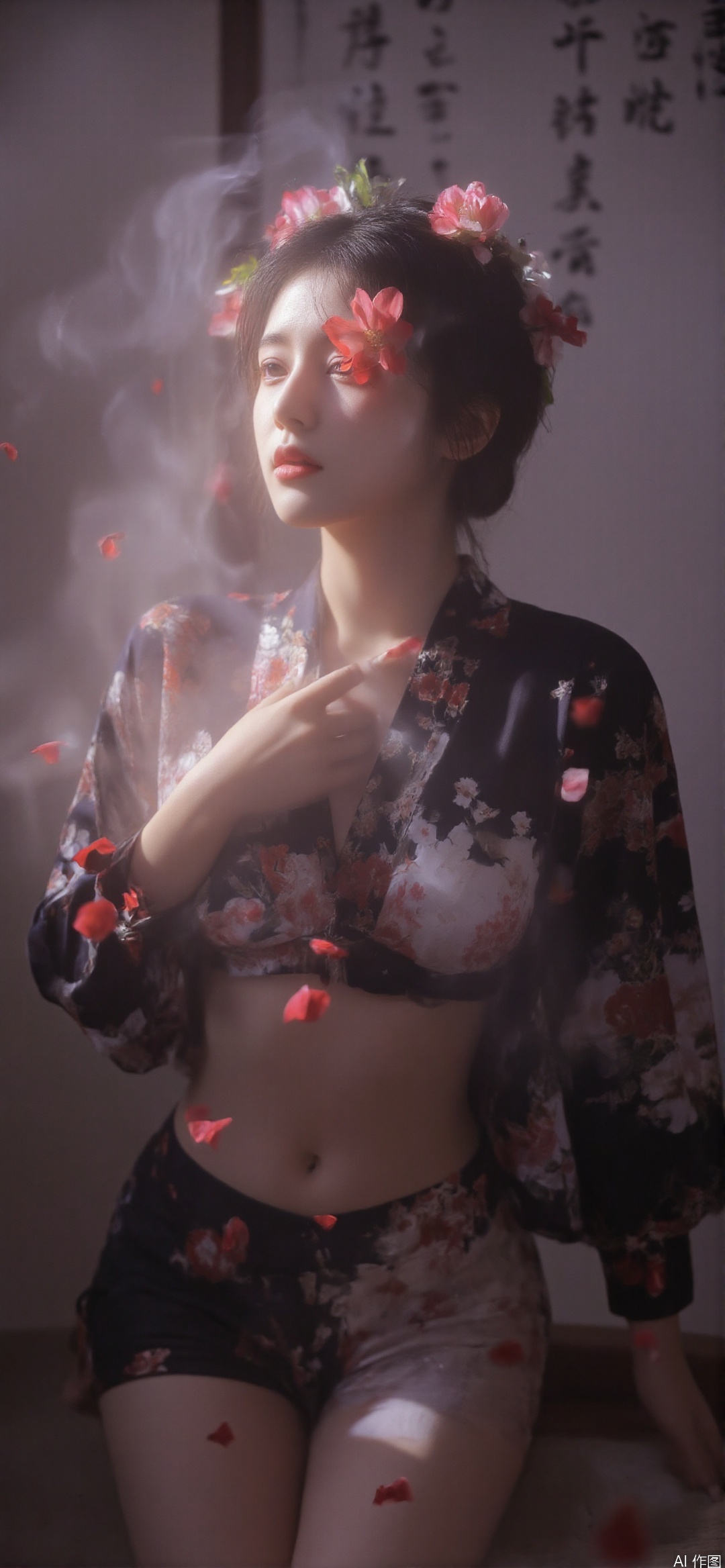 A young Asian woman wearing a flower wreath,An Acrylic style painting that is expressive, gives it a dynamic and emotional quality.a woman with a ethereal red and blue mist surrounding her body. The mist creates a dramatic and surreal effect. A red flower, that is blooming, covering one eye, attached to the face. The woman has a cold aesthetic, complimented by her white hair. Anime art of woman draped in shadows with a lighting that enhances her sexy unique features. with a black kimono adorned with flowers. The background is blurred The background is a wall with Chinese characters written on it creating a stark contrast to the woman's outfit. filled with red rose petals.