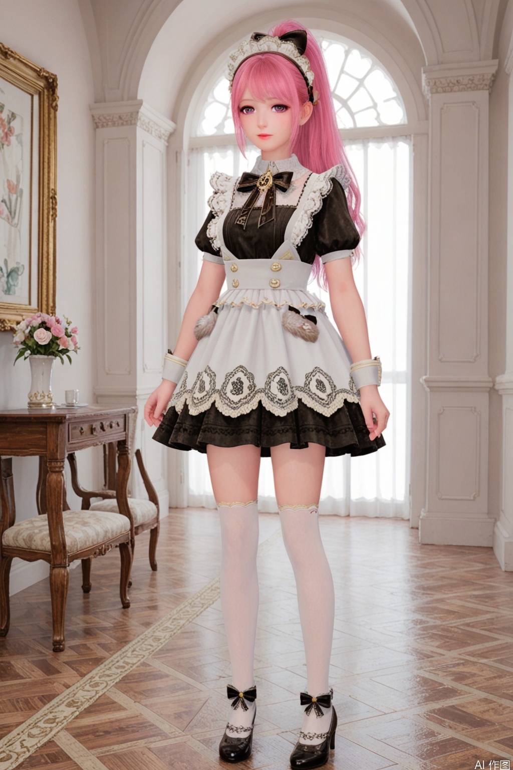 1girl, solo, long hair, breasts, looking at viewer, full body,pink_hair,High ponytail, maid, bow, dress, white knee high socks
