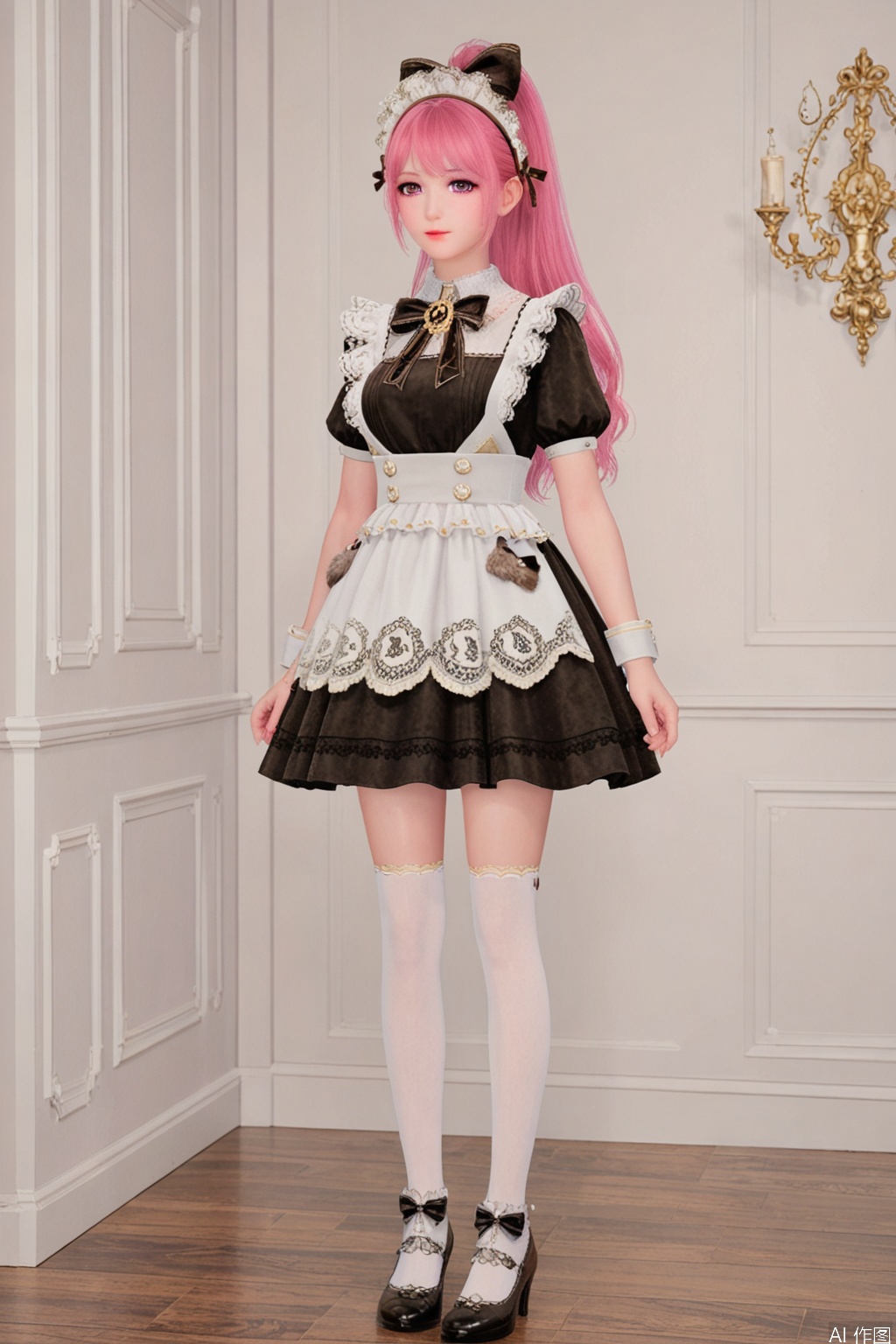 1girl, solo, long hair, breasts, looking at viewer, full body,pink_hair,High ponytail, maid, bow, dress, white knee high socks
