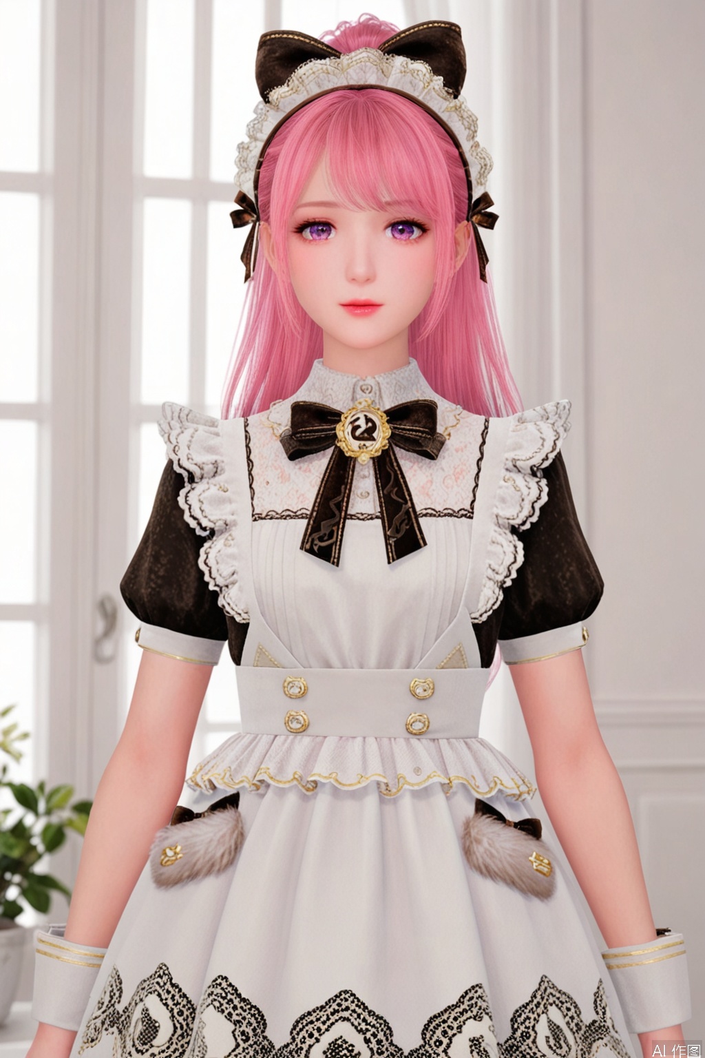 1girl, solo, long hair, breasts, looking at viewer, upper body,pink_hair,High ponytail, maid, bow, dress, white knee high socks
