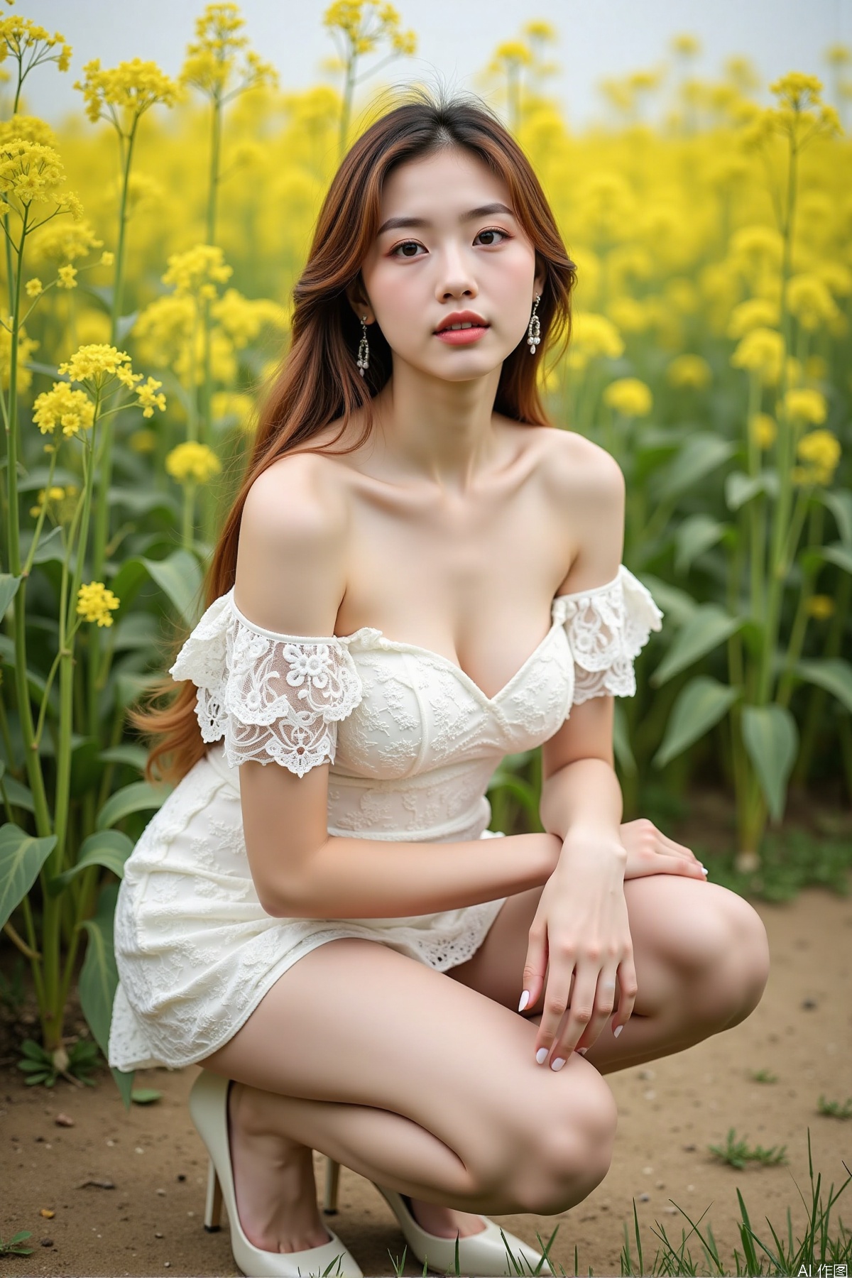 Realistic photo, one young woman, long hair, fair skin, big breast, off-shoulder lace dress, shiny long legs, high heels, full body, squatting, rapeseed fields,