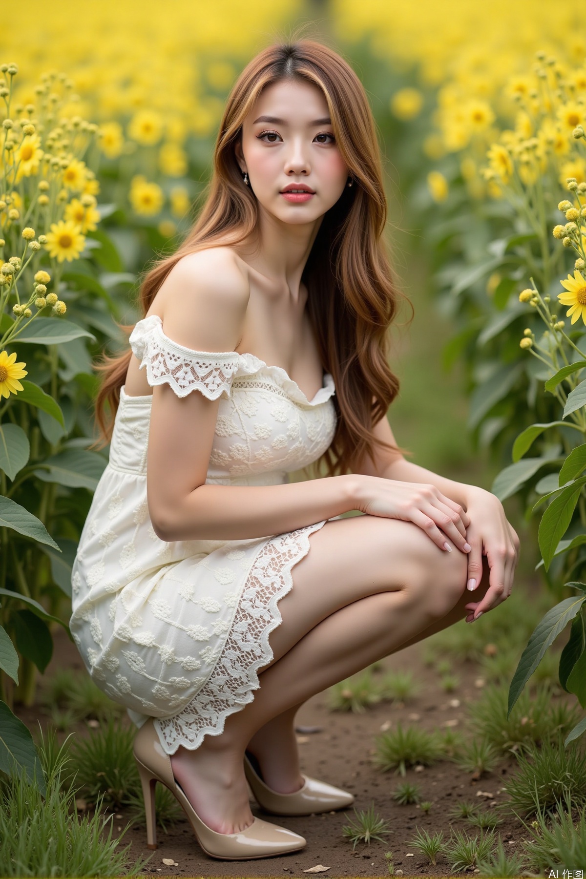 Realistic photo, one young woman, long hair, fair skin, big breast, off-shoulder lace dress, shiny long legs, high heels, full body, squatting, rapeseed fields,