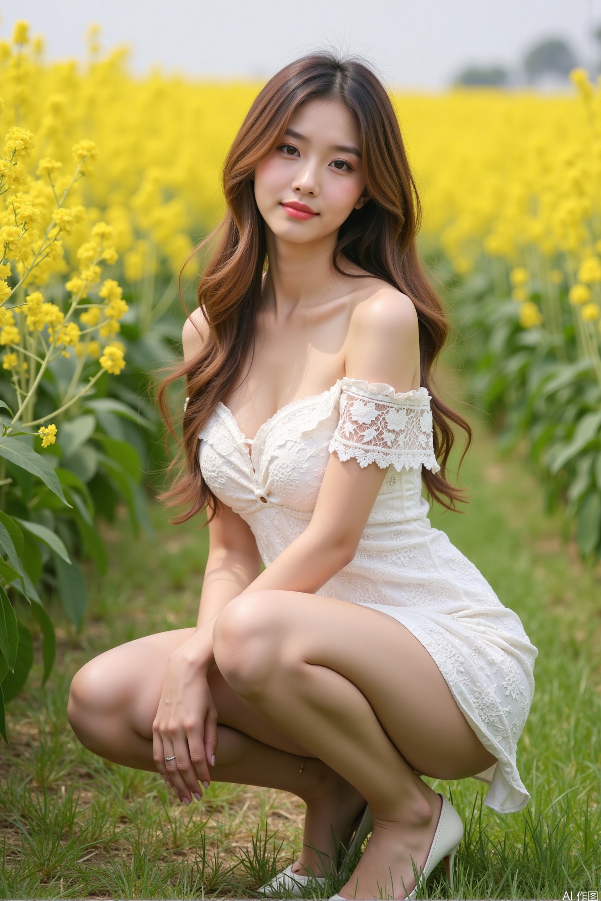 Realistic photo, one young woman, long hair, fair skin, big breast, off-shoulder lace dress, shiny long legs, high heels, full body, squatting, rapeseed fields,