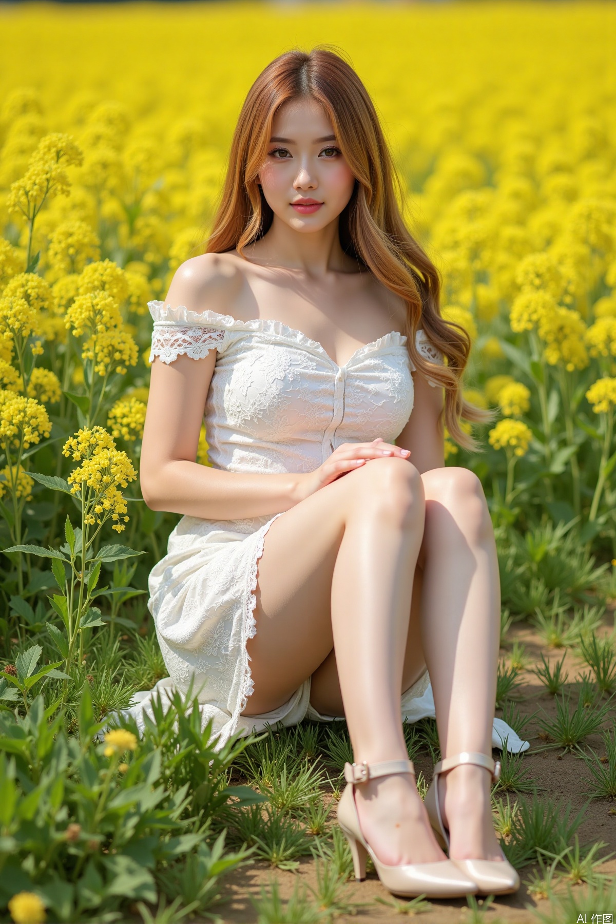 Realistic photo, one young woman, long hair, fair skin, big breast, off-shoulder lace dress, shiny long legs, high heels, full body, sitting on rapeseed fields,