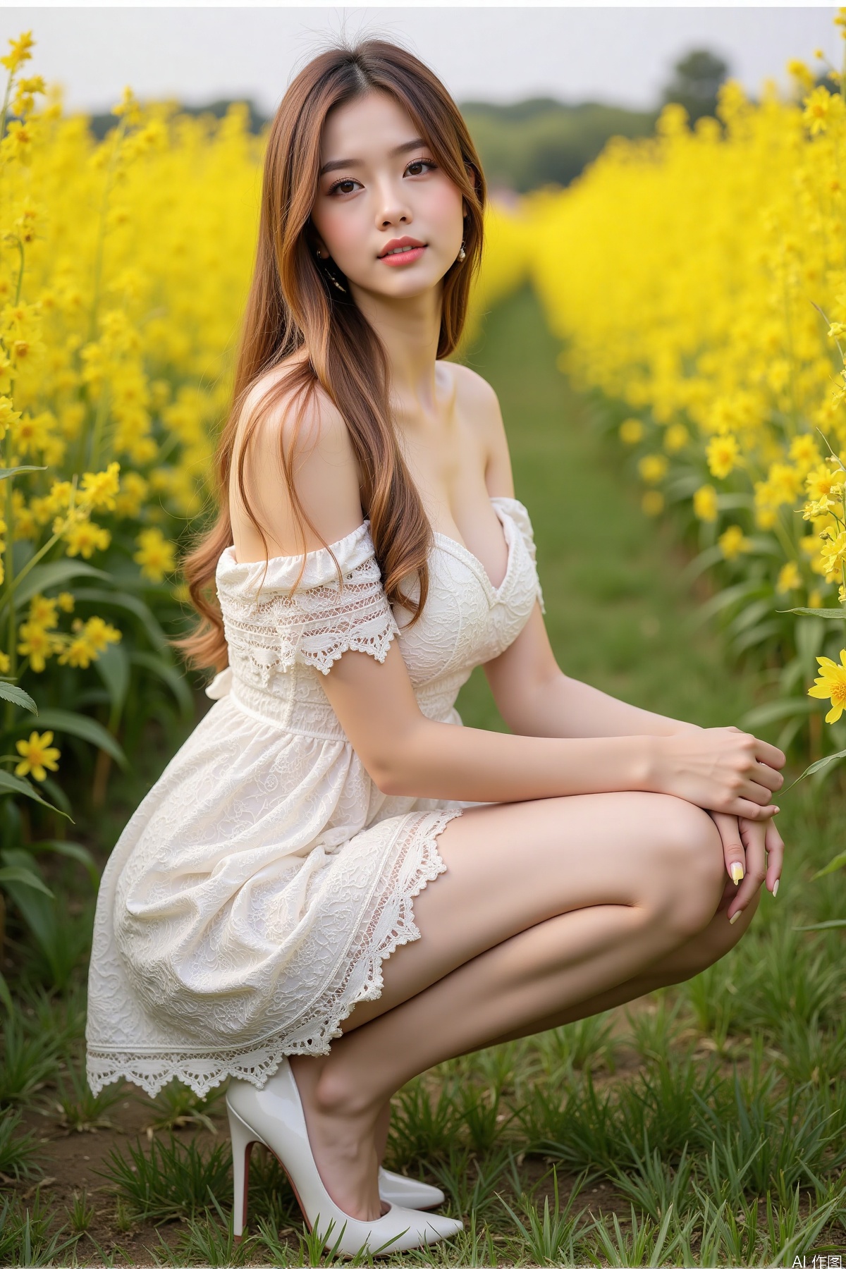 Realistic photo, one young woman, long hair, fair skin, big breast, off-shoulder lace dress, shiny long legs, high heels, full body, squatting, rapeseed fields,