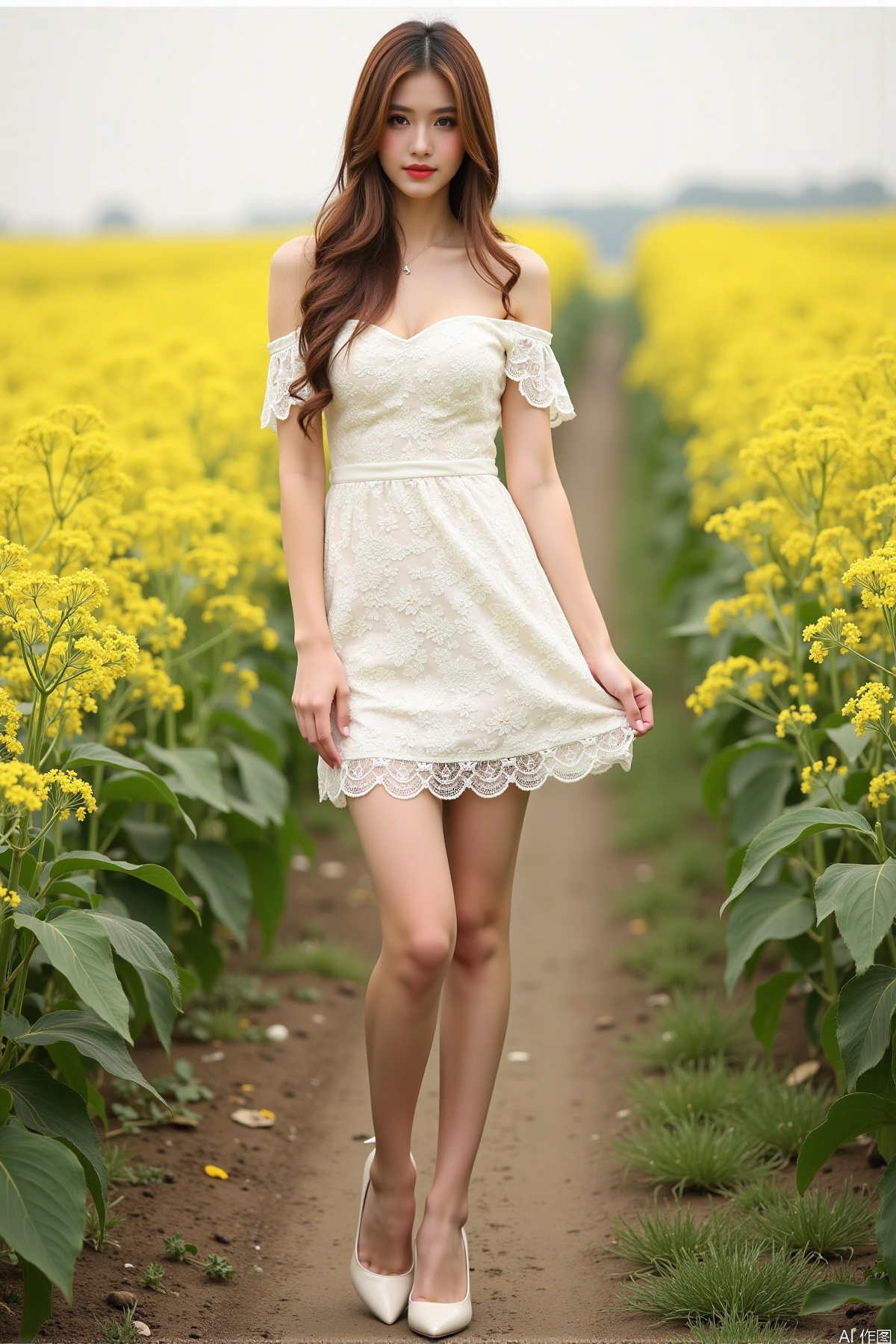 Realistic photo, one young woman, long hair, fair skin, big breast, off-shoulder lace dress, shiny long legs, high heels, full body, standing, rapeseed fields,