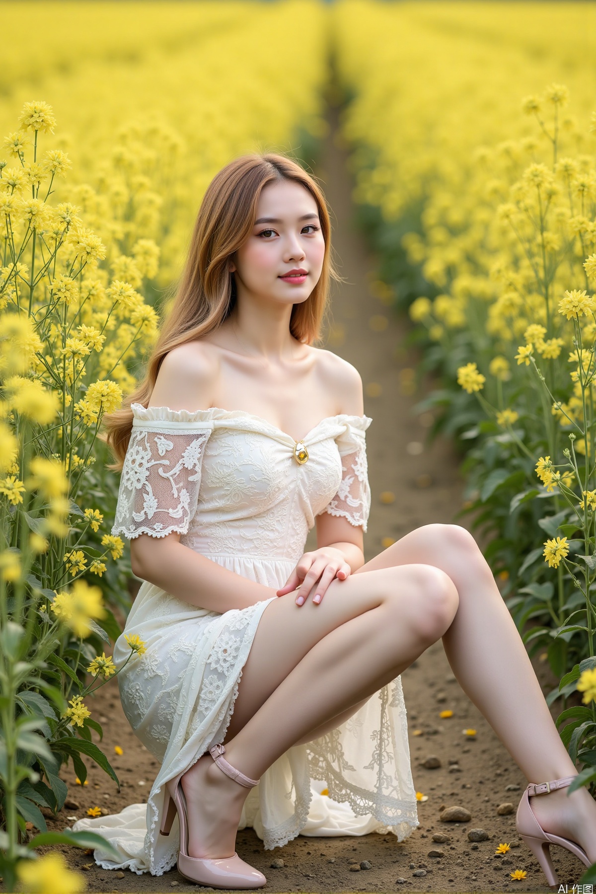 Realistic photo, one young woman, long hair, fair skin, big breast, off-shoulder lace dress, shiny long legs, high heels, full body, sitting on rapeseed fields,