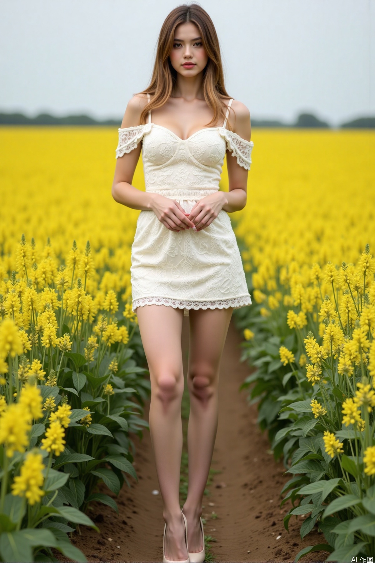 Realistic photo, one young woman, long hair, fair skin, big breast, off-shoulder lace dress, shiny long legs, high heels, full body, standing, rapeseed fields,