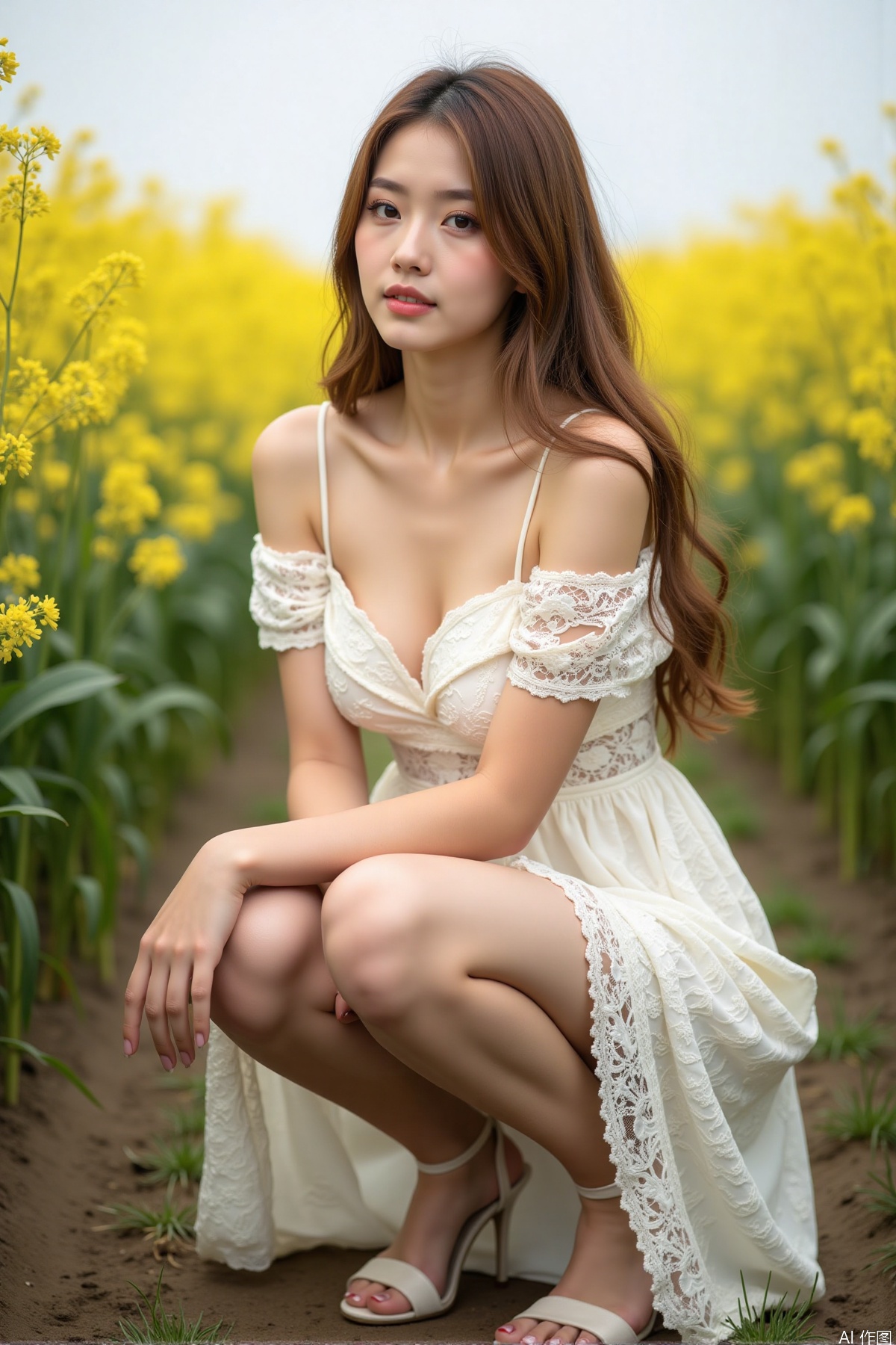 Realistic photo, one young woman, long hair, fair skin, big breast, off-shoulder lace dress, shiny long legs, high heels, full body, squatting, rapeseed fields,