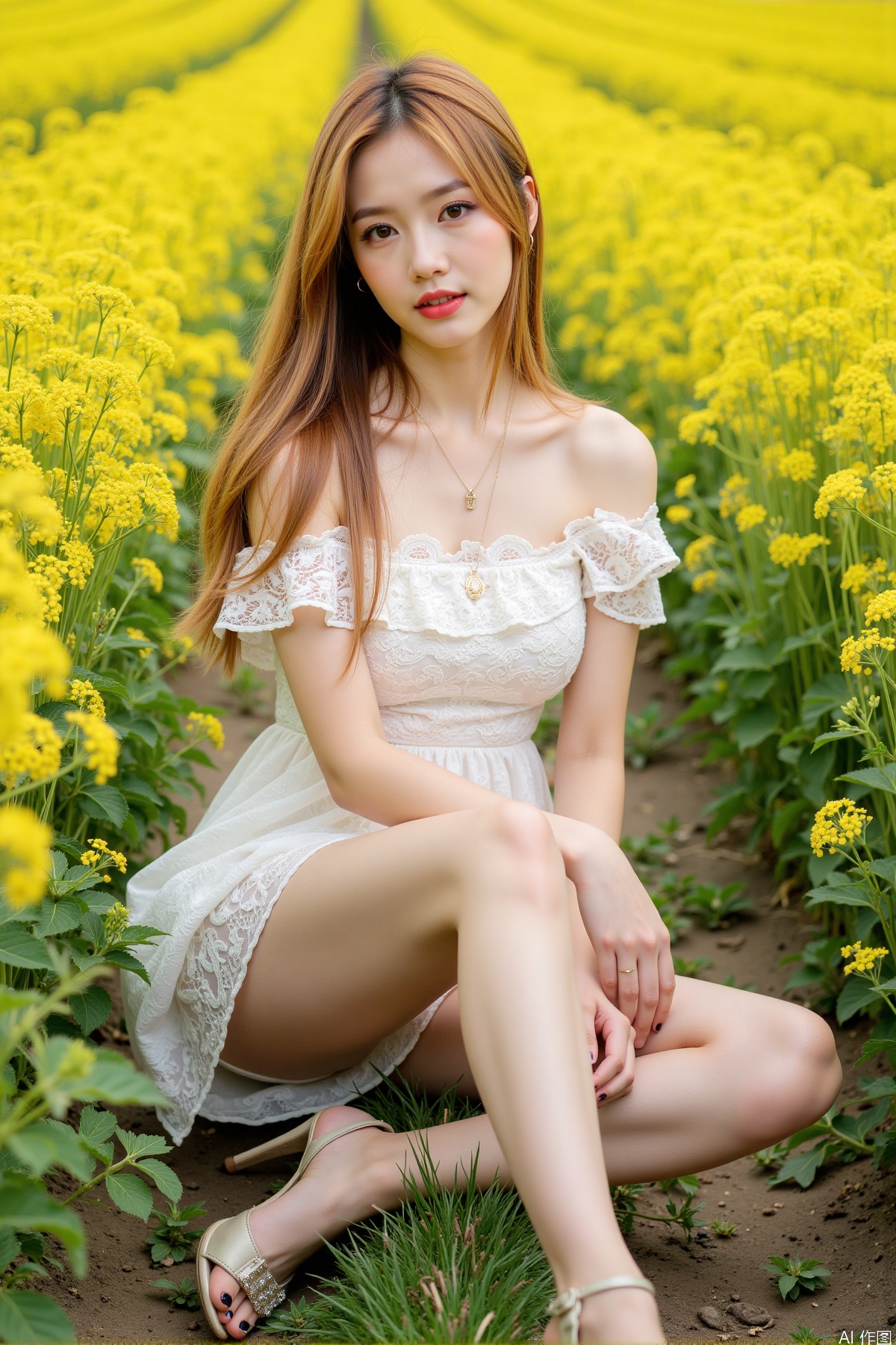 Realistic photo, one young woman, long hair, fair skin, big breast, off-shoulder lace dress, shiny long legs, high heels, full body, sitting on rapeseed fields,
