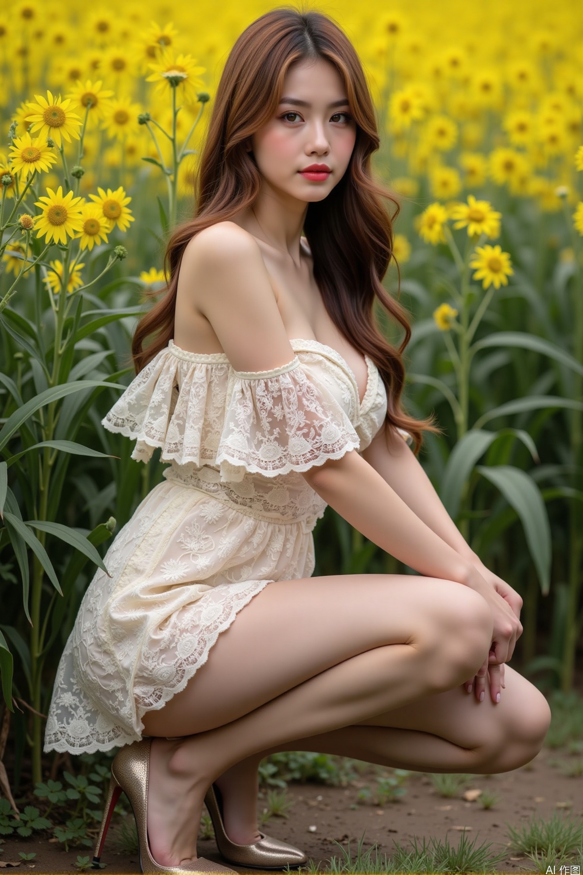 Realistic photo, one young woman, long hair, fair skin, big breast, off-shoulder lace dress, shiny long legs, high heels, full body, squatting, rapeseed fields,