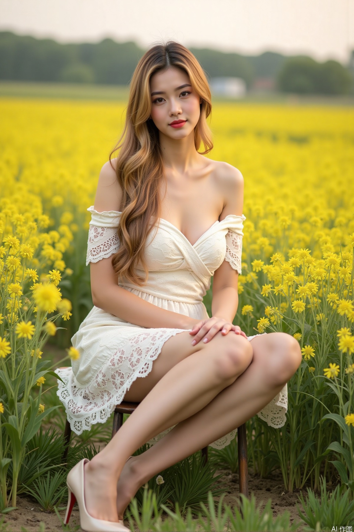 Realistic photo, one young woman, long hair, fair skin, big breast, off-shoulder lace dress, shiny long legs, high heels, full body, sitting on rapeseed fields,