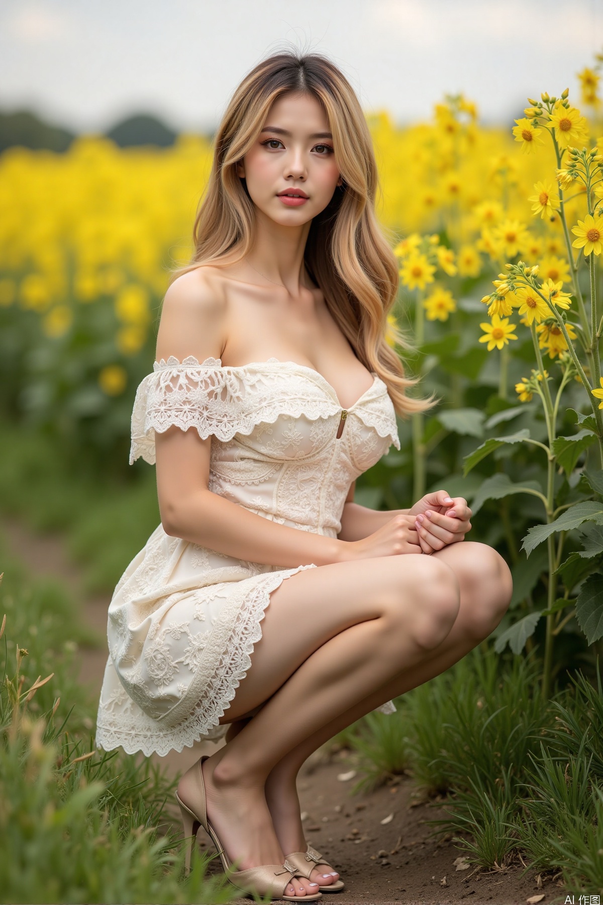 Realistic photo, one young woman, long hair, fair skin, big breast, off-shoulder lace dress, shiny long legs, high heels, full body, squatting, rapeseed fields,