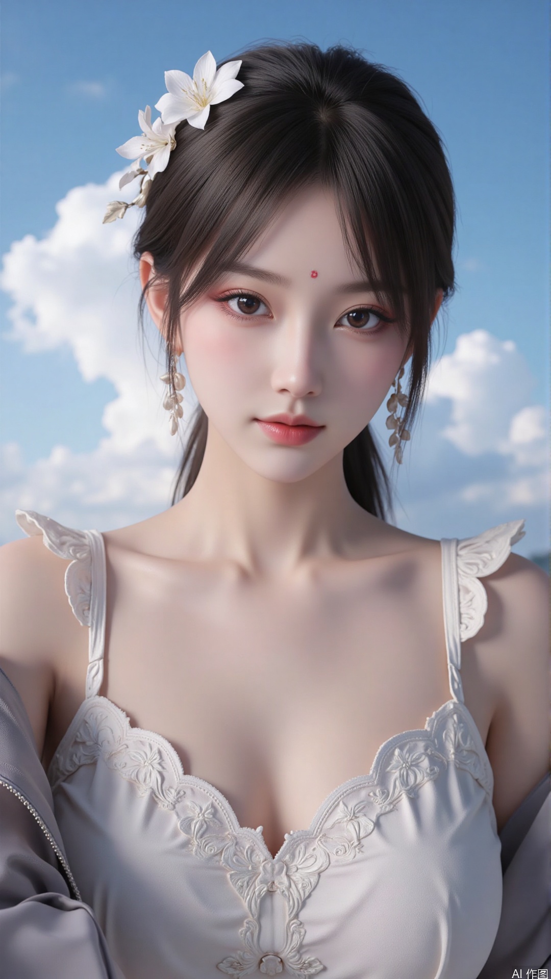 Very detailed face, extremely detailed eyes and face, (vacuum), 8K wallpaper, light leak, beautiful and detailed girl, extremely detailed CGUnity8K wallpaper, an extremely detailed and beautiful, beautiful and detailed eyes, masterpiece, best quality, Real photo level, (frontal shooting panoramic perspective), ( (Full body photo)), dynamic angle, dynamic pose, solo, ancient style silver hairpin with petals, blue sky and white clouds, (C cup), (huge round breasts), slender legs, super good figure, stunning beauty, (whole body in the mirror) , (wearing Lolita nightgown), (light reflects the shadow of the body through the clothes),vacuum,bare and smooth