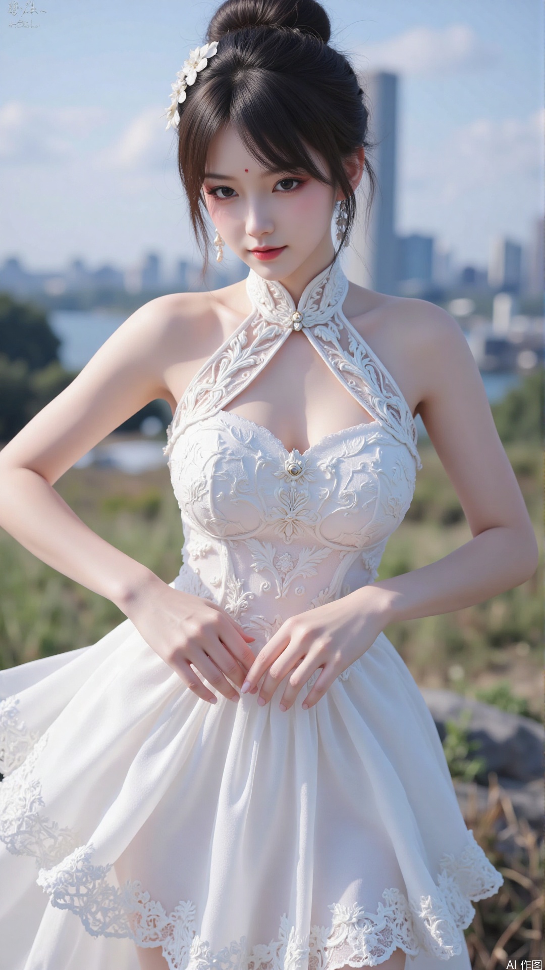 1girl, white wedding dress,looking at viewer, mischevious smile, perfect body, scenery, sharp focus, best quality, masterpiece, detailed outfit, illustration, perfect eyes, finely detailed beautiful anime eyes, realistic skin, intricate details, best lighting, depth of field, ultra high resolution, cowboy_shot, bride