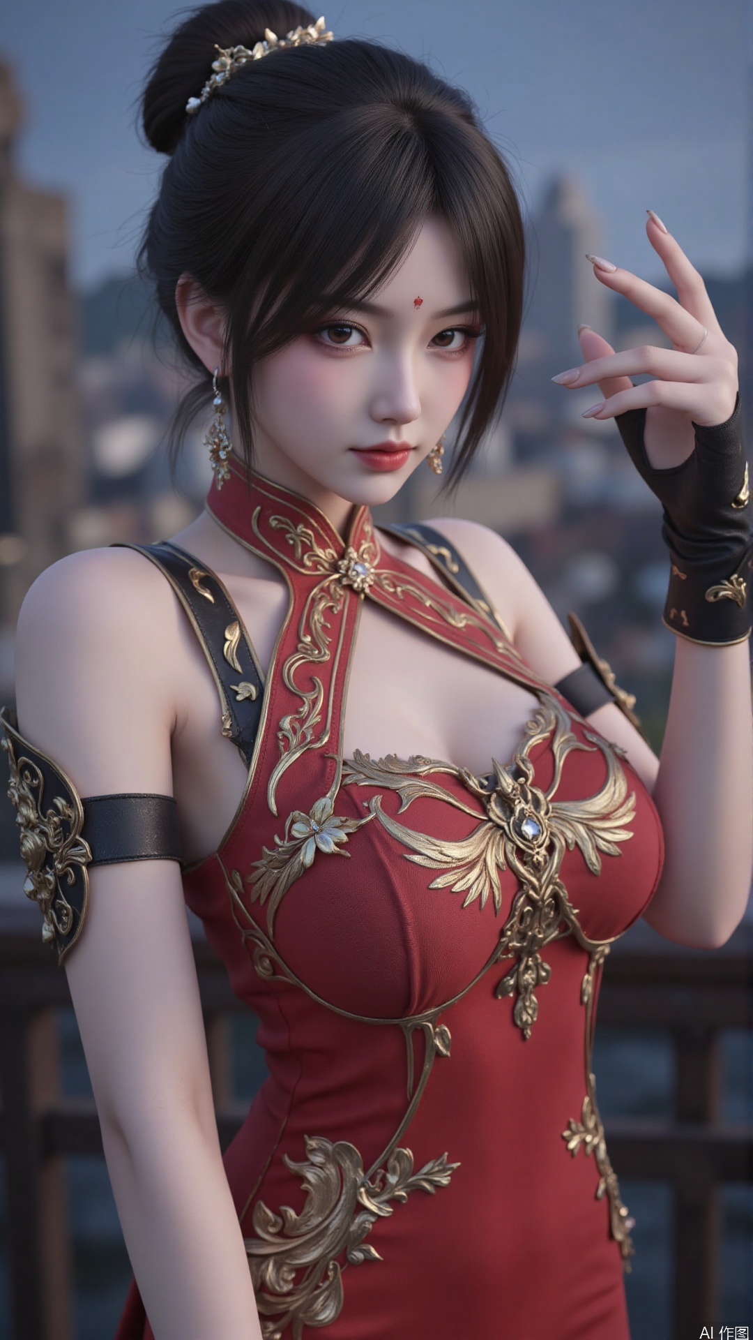 1girl, dress, jewelry, black hair, earrings, hair ornament,forehead mark, solo, looking at viewer, mischevious smile, perfect body, scenery, sharp focus, best quality, masterpiece, detailed outfit, illustration, perfect eyes, finely detailed beautiful anime eyes, realistic skin, intricate details, best lighting, depth of field, ultra high resolution,cowboy_shot