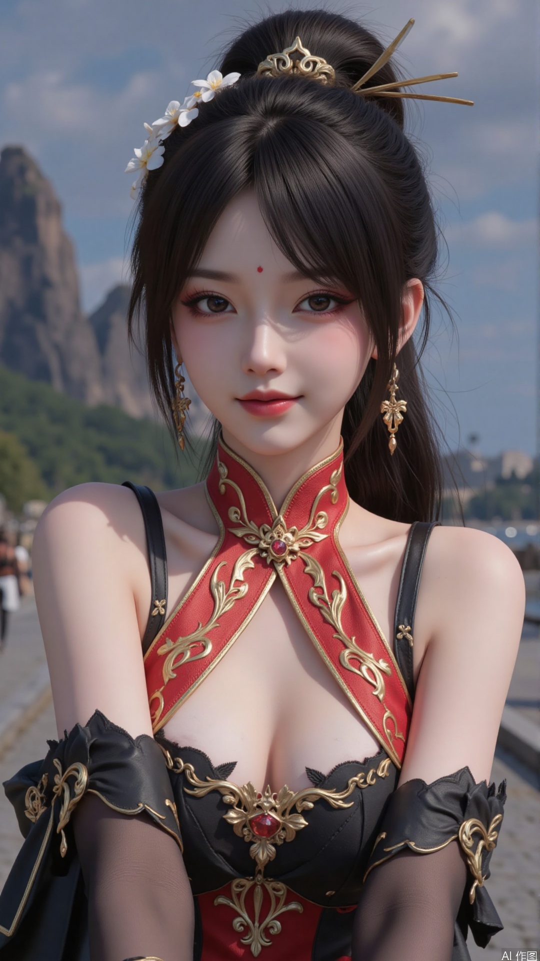 1girl, jewelry, black hair, earrings, hair ornament, solo, looking at viewer, mischevious smile, perfect body, scenery, sharp focus, best quality, masterpiece, detailed outfit, illustration, perfect eyes, finely detailed beautiful anime eyes, realistic skin, intricate details, best lighting, depth of field, ultra high resolution,cowboy_shot