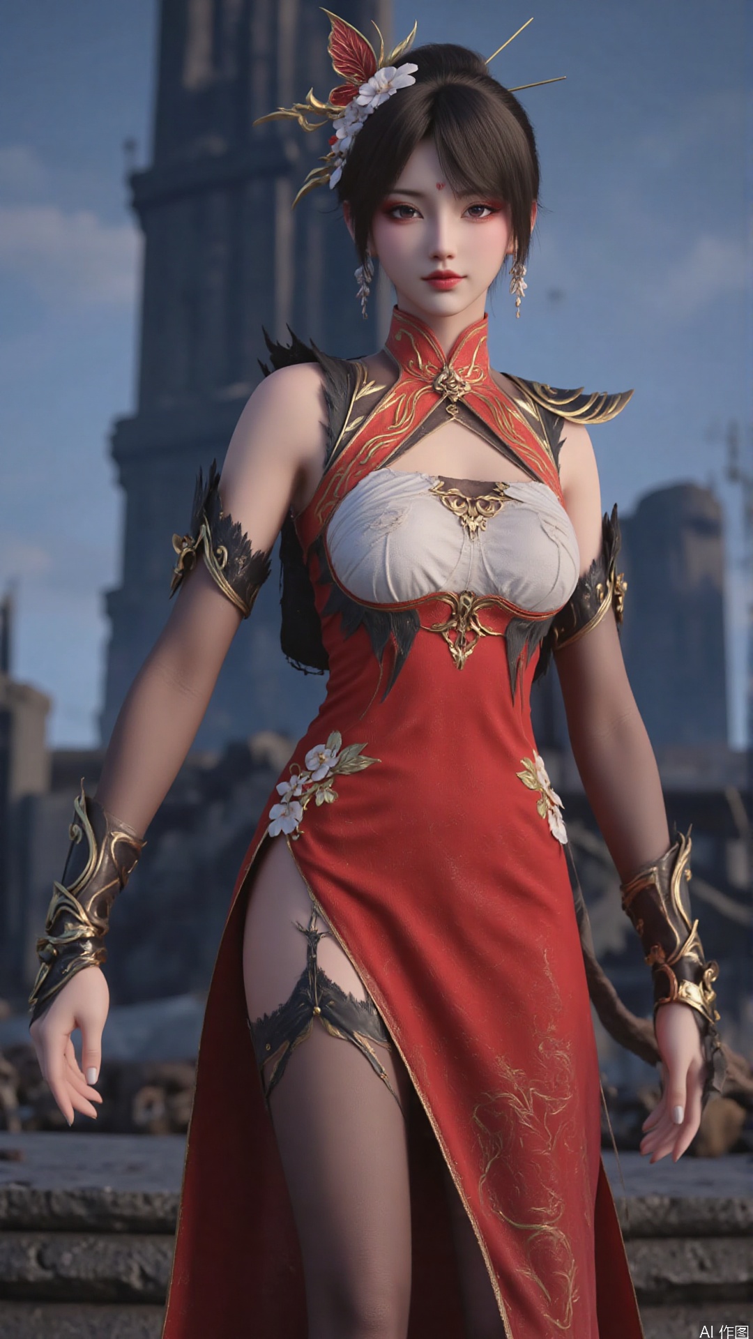 1girl, jewelry, black hair, earrings, hair ornament, solo, looking at viewer, mischevious smile, perfect body, scenery, sharp focus, best quality, masterpiece, detailed outfit, illustration, perfect eyes, finely detailed beautiful anime eyes, realistic skin, intricate details, best lighting, depth of field, ultra high resolution,cowboy_shot
