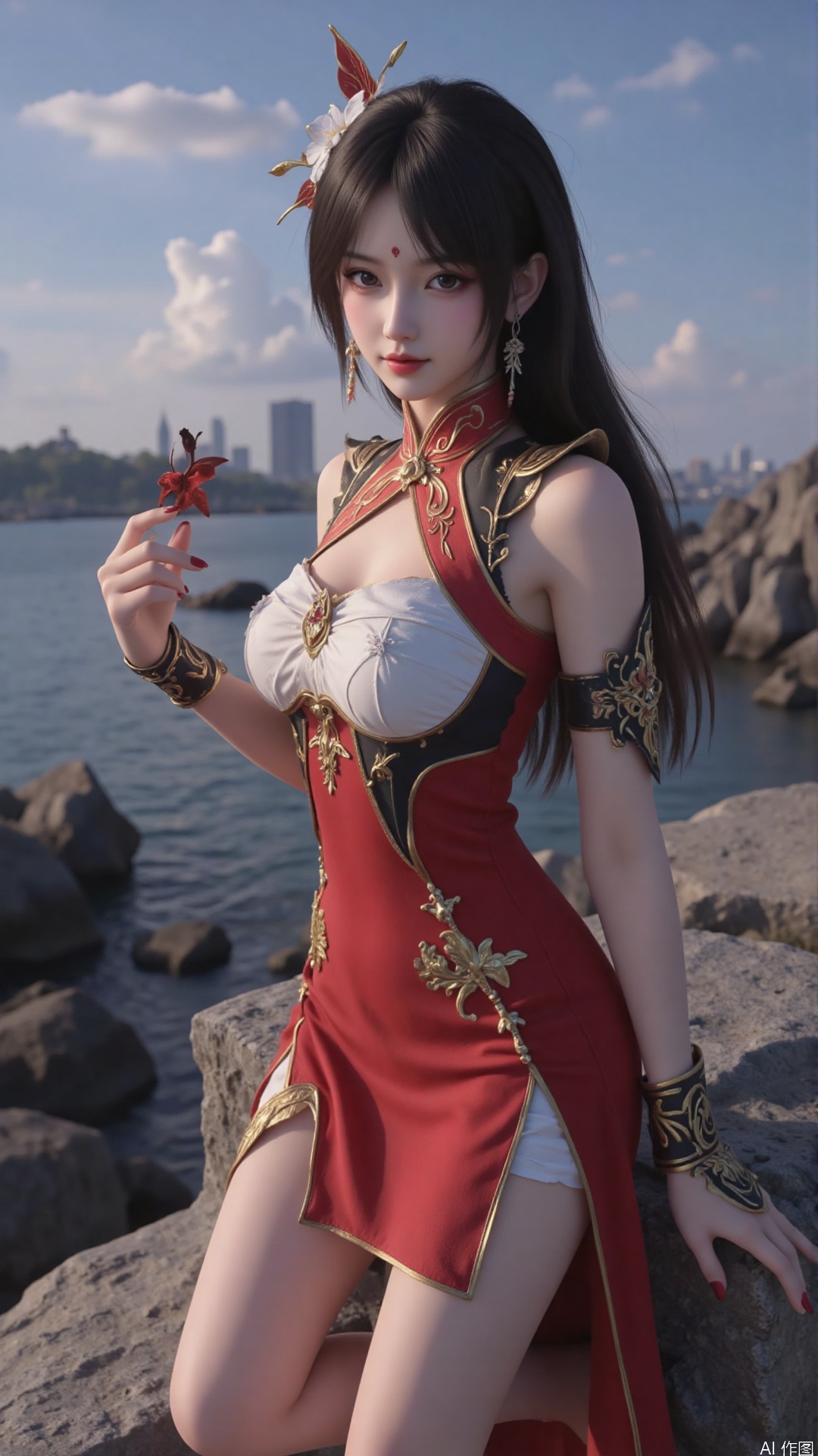 1girl, dress, jewelry, black hair, earrings, hair ornament,forehead mark, solo, looking at viewer, mischevious smile, perfect body, scenery, sharp focus, best quality, masterpiece, detailed outfit, illustration, perfect eyes, finely detailed beautiful anime eyes, realistic skin, intricate details, best lighting, depth of field, ultra high resolution,cowboy_shot