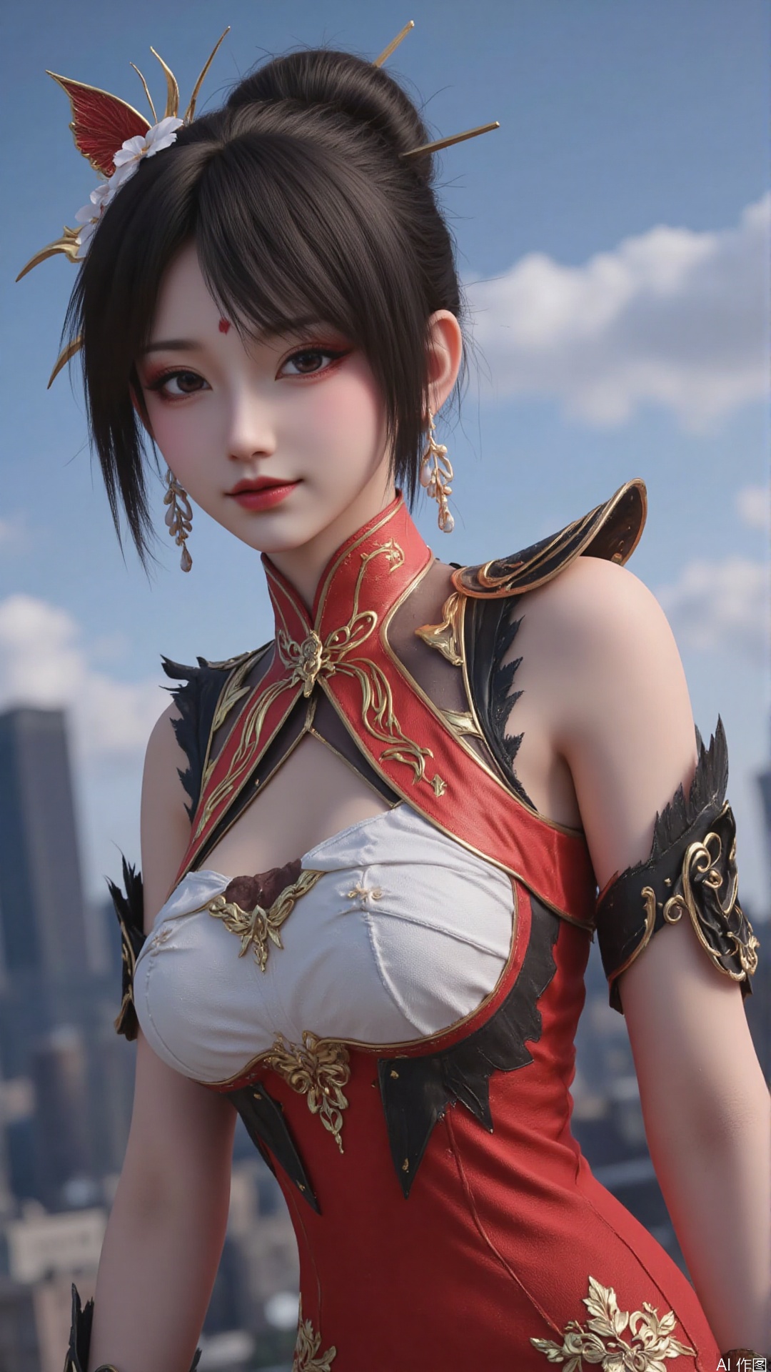 1girl, dress, jewelry, black hair, earrings, hair ornament,forehead mark, solo, looking at viewer, mischevious smile, perfect body, scenery, sharp focus, best quality, masterpiece, detailed outfit, illustration, perfect eyes, finely detailed beautiful anime eyes, realistic skin, intricate details, best lighting, depth of field, ultra high resolution,cowboy_shot