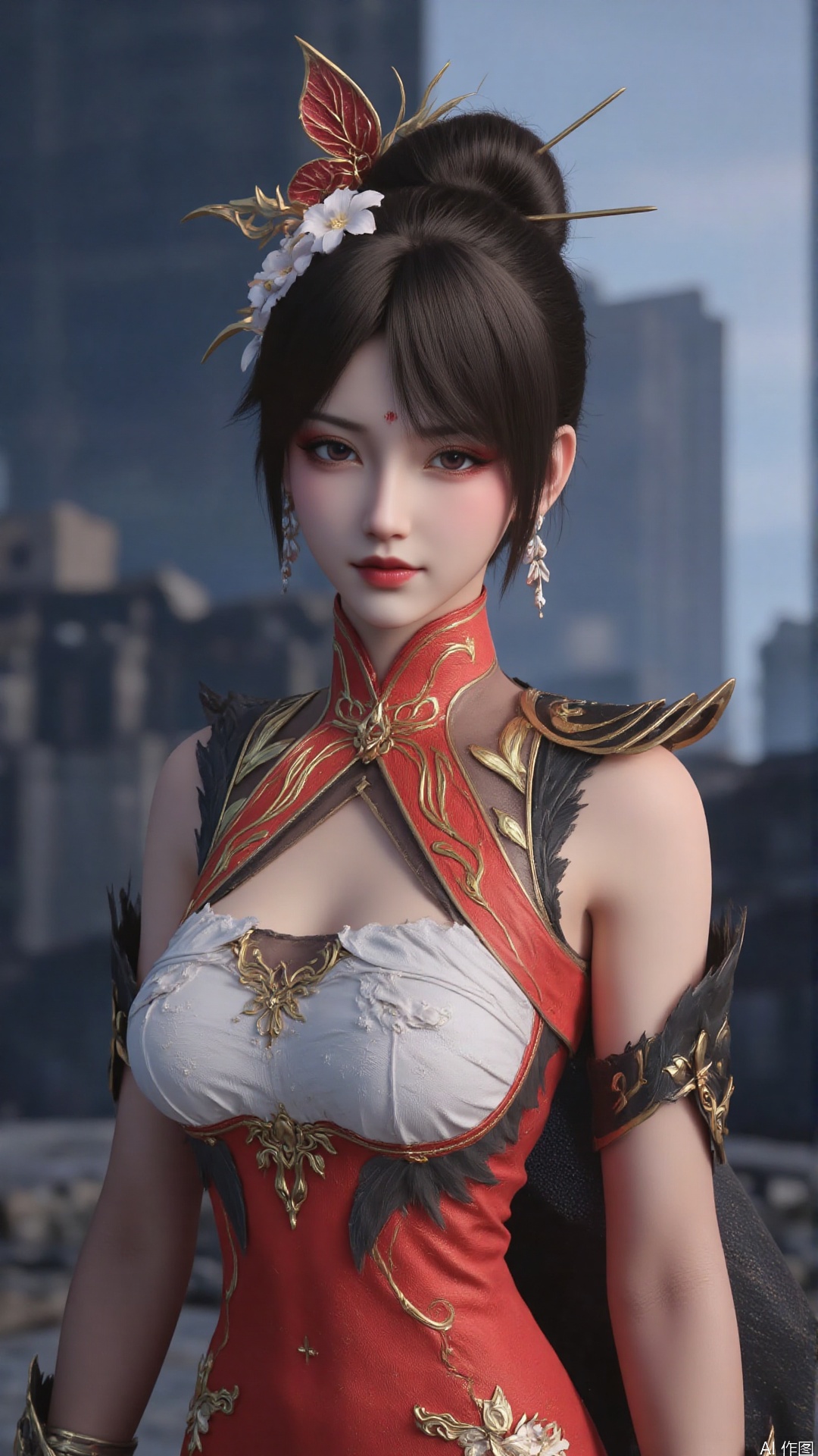 1girl, jewelry, black hair, earrings, hair ornament, solo, looking at viewer, mischevious smile, perfect body, scenery, sharp focus, best quality, masterpiece, detailed outfit, illustration, perfect eyes, finely detailed beautiful anime eyes, realistic skin, intricate details, best lighting, depth of field, ultra high resolution,cowboy_shot