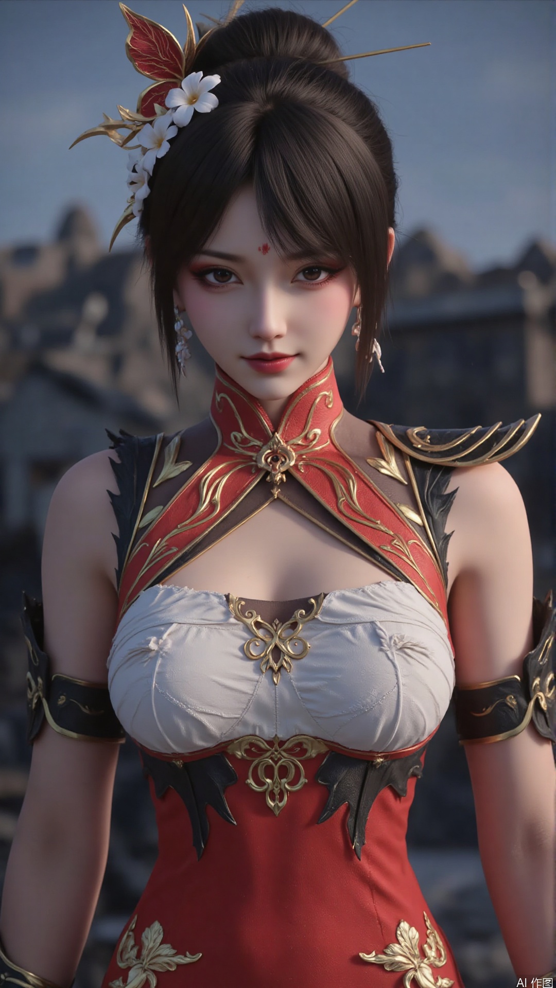 1girl, dress, jewelry, black hair, earrings, hair ornament,forehead mark, solo, looking at viewer, mischevious smile, perfect body, scenery, sharp focus, best quality, masterpiece, detailed outfit, illustration, perfect eyes, finely detailed beautiful anime eyes, realistic skin, intricate details, best lighting, depth of field, ultra high resolution,cowboy_shot