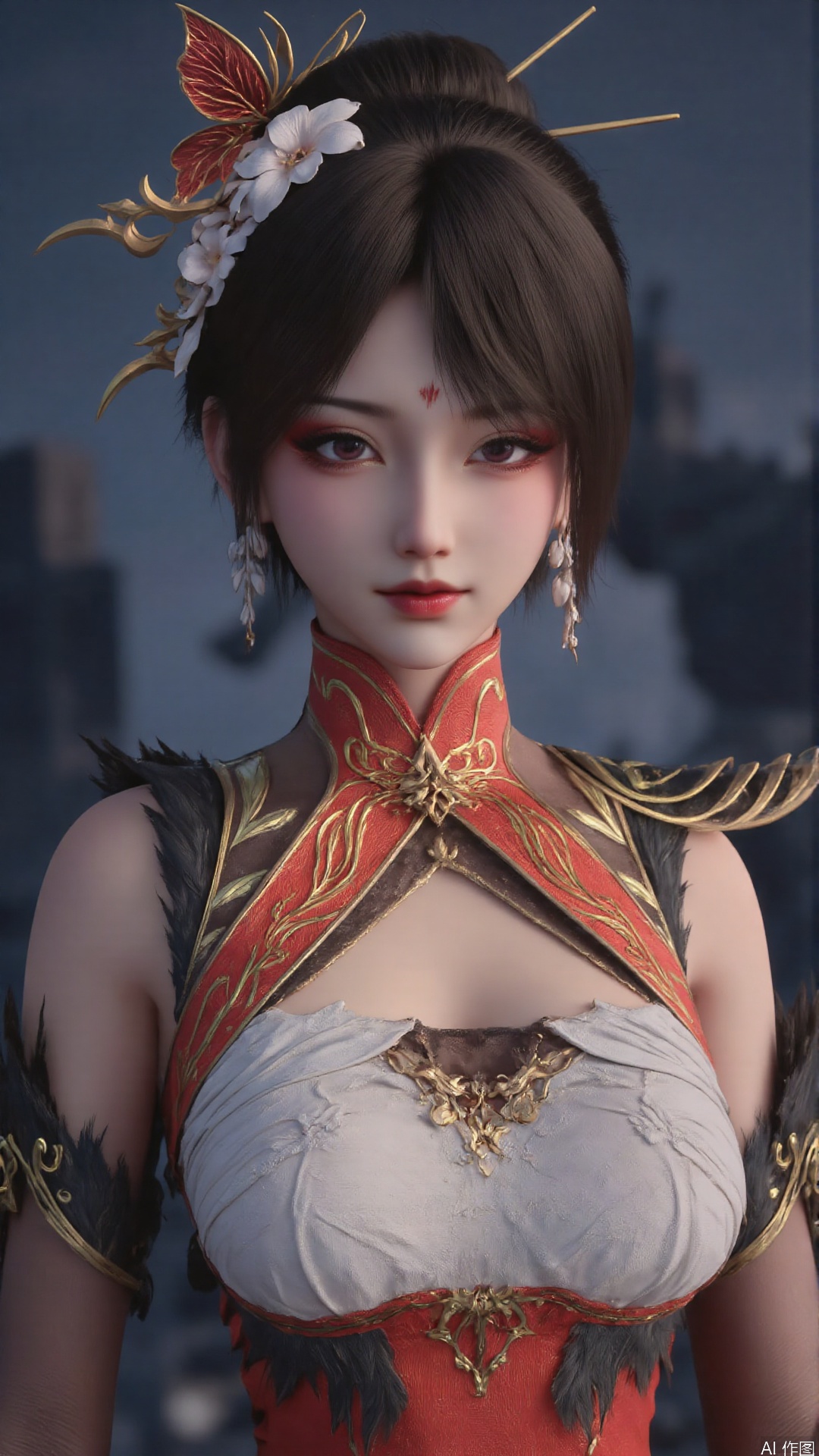 1girl, jewelry, black hair, earrings, hair ornament, solo, looking at viewer, mischevious smile, perfect body, scenery, sharp focus, best quality, masterpiece, detailed outfit, illustration, perfect eyes, finely detailed beautiful anime eyes, realistic skin, intricate details, best lighting, depth of field, ultra high resolution,cowboy_shot