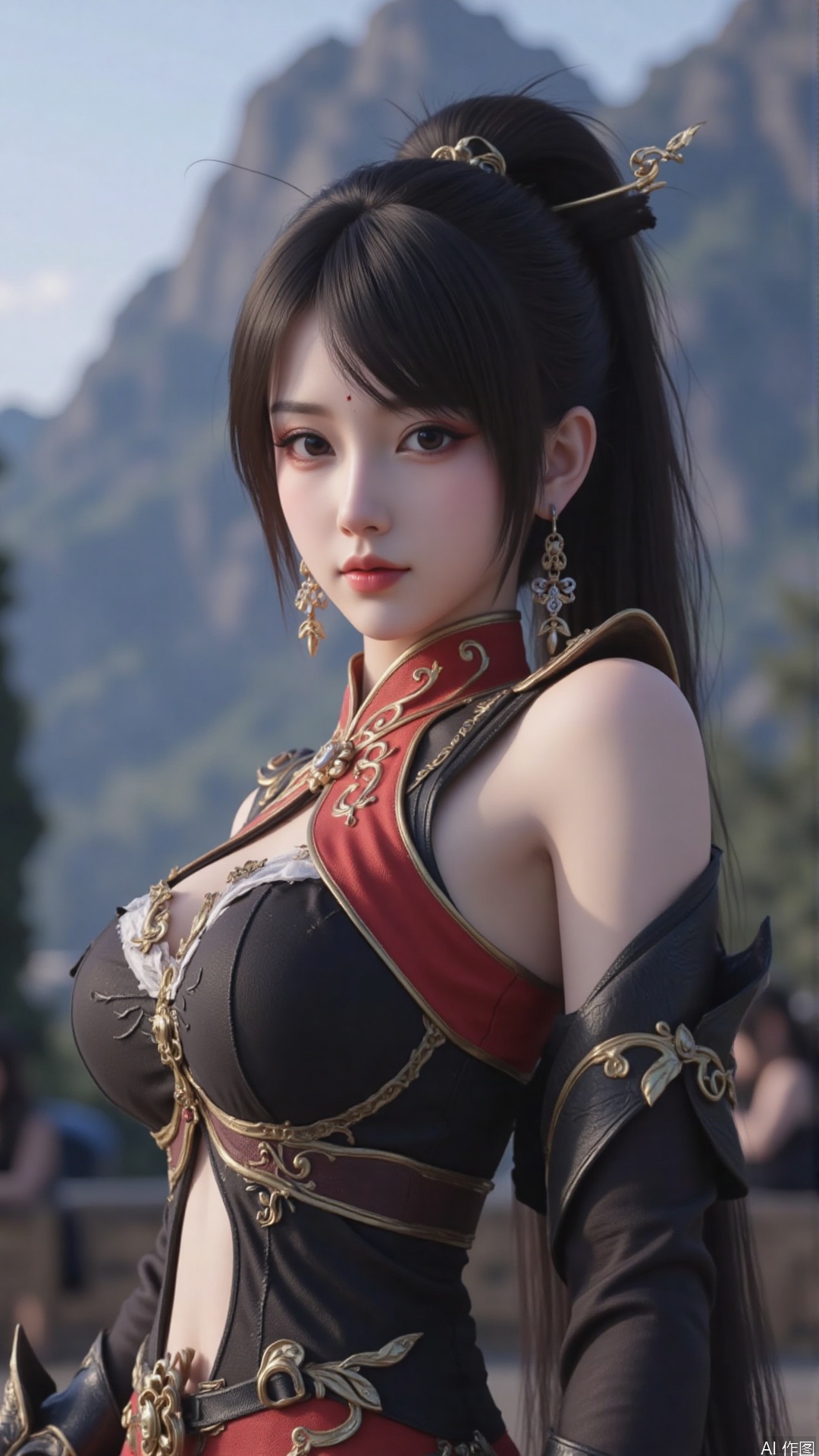 1girl, jewelry, black hair, earrings, hair ornament, solo, looking at viewer, mischevious smile, perfect body, scenery, sharp focus, best quality, masterpiece, detailed outfit, illustration, perfect eyes, finely detailed beautiful anime eyes, realistic skin, intricate details, best lighting, depth of field, ultra high resolution,cowboy_shot
