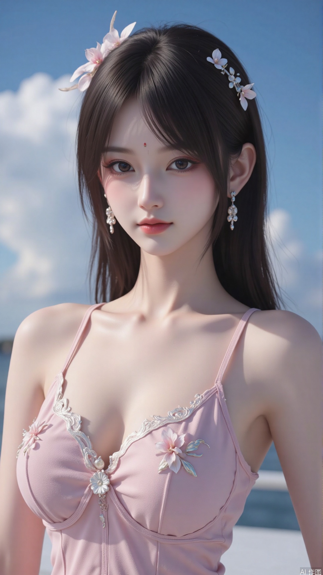 Very detailed face, extremely detailed eyes and face, (vacuum), 8K wallpaper, light leak, beautiful and detailed girl, extremely detailed CGUnity8K wallpaper, an extremely detailed and beautiful, beautiful and detailed eyes, masterpiece, best quality, Real photo level, (frontal shooting panoramic perspective), ( (Full body photo)), dynamic angle, dynamic pose, solo, ancient style silver hairpin with petals, blue sky and white clouds, (C cup), (huge round breasts), slender legs, super good figure, stunning beauty, (whole body in the mirror) , (wearing Lolita nightgown), (light reflects the shadow of the body through the clothes),vacuum,bare and smooth