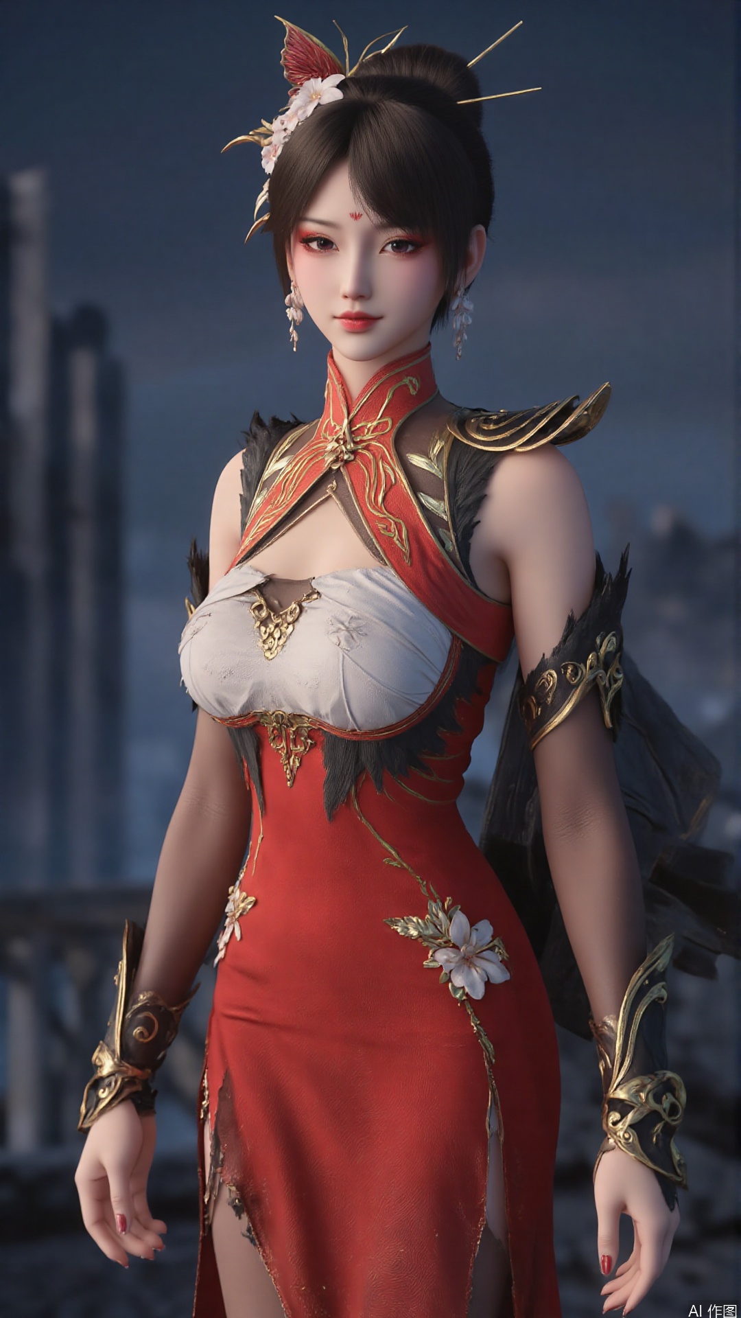 1girl, jewelry, black hair, earrings, hair ornament, solo, looking at viewer, mischevious smile, perfect body, scenery, sharp focus, best quality, masterpiece, detailed outfit, illustration, perfect eyes, finely detailed beautiful anime eyes, realistic skin, intricate details, best lighting, depth of field, ultra high resolution,cowboy_shot