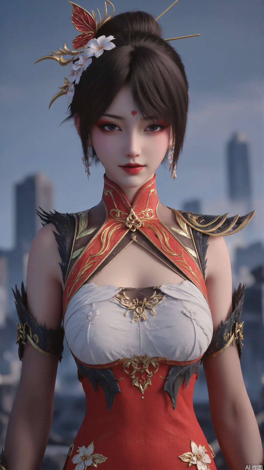 1girl, jewelry, black hair, earrings, hair ornament, solo, looking at viewer, mischevious smile, perfect body, scenery, sharp focus, best quality, masterpiece, detailed outfit, illustration, perfect eyes, finely detailed beautiful anime eyes, realistic skin, intricate details, best lighting, depth of field, ultra high resolution,cowboy_shot