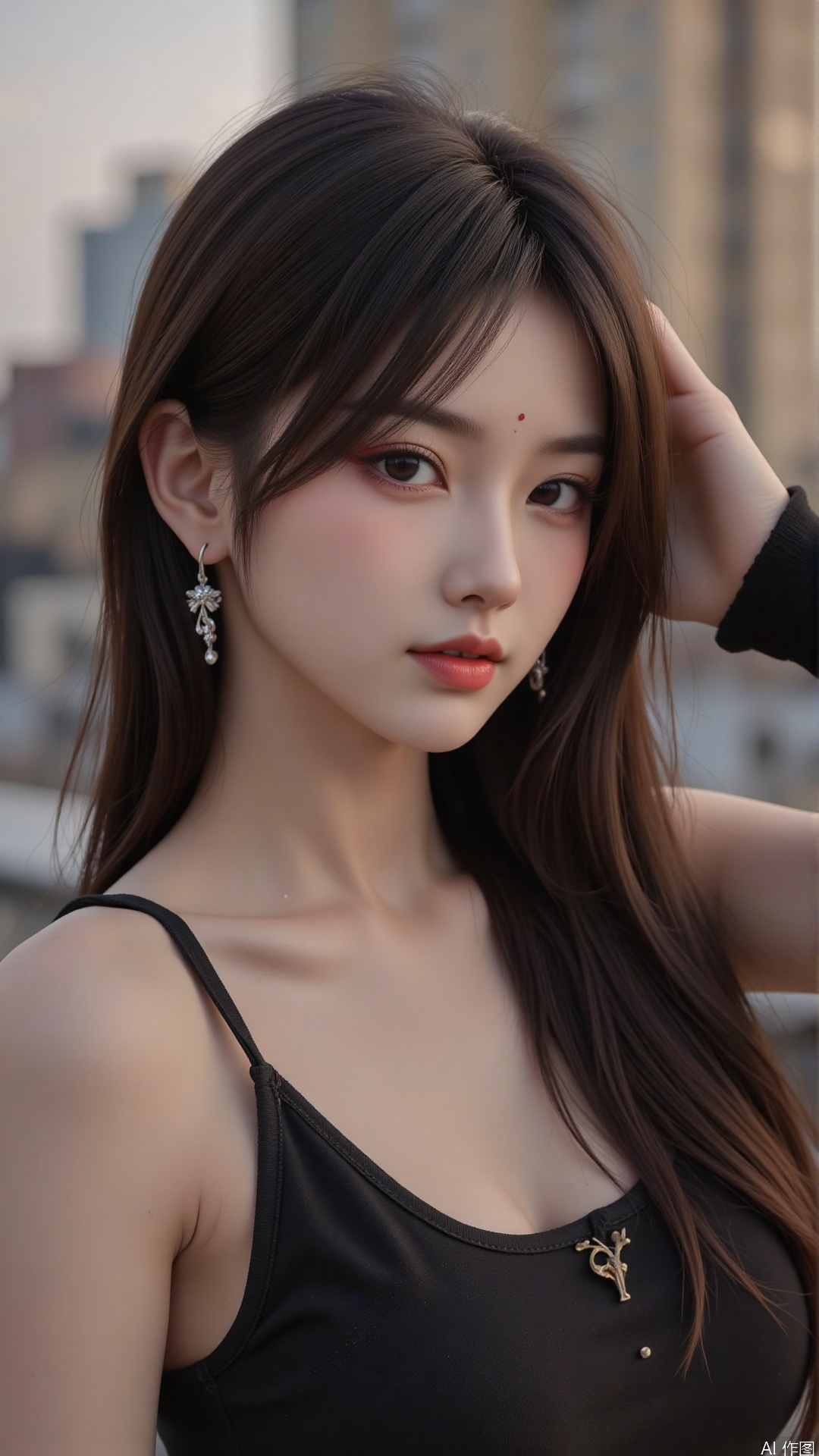  a asian woman, sexy long hair, charming and seductive temperament, distant close-up, golden ratio, movie texture, minimalism, high-end feeling, strong contrast between cold and warm, outdoor scenes, 