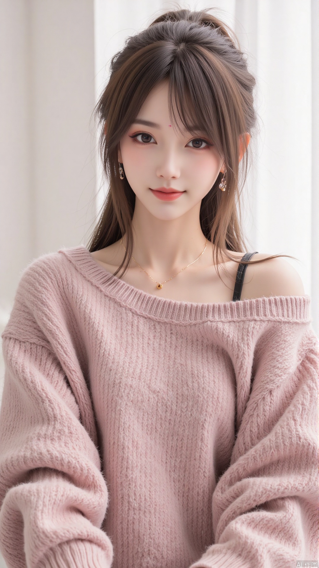 1girl, solo, long hair, looking at viewer, smile, sitting, collarbone, off shoulder, sweater, messy hair, realistic