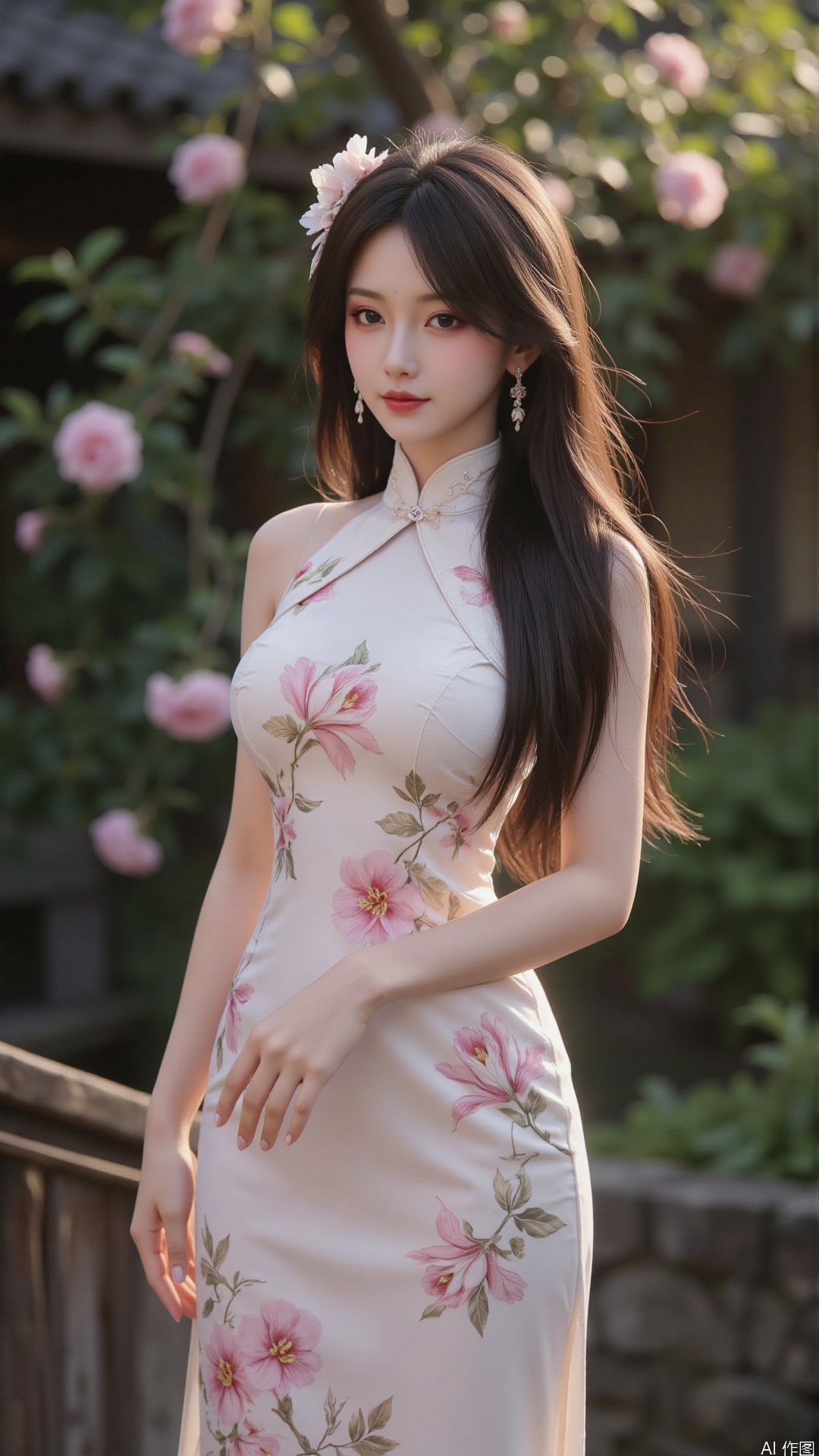 A portrait of an Asian woman with long, flowing hair, wearing a traditional cheongsam (Chinese dress) in a subtle floral print. She's standing gracefully in a traditional Chinese garden, surrounded by lush greenery and blooming flowers. The overall mood is serene and peaceful, emphasizing the grace and elegance of the traditional attire. High resolution, 8k, soft lighting, hyperrealistic, photorealistic, detailed textures, elegant pose, serene expression, traditional cheongsam, natural beauty, trending on artstation.