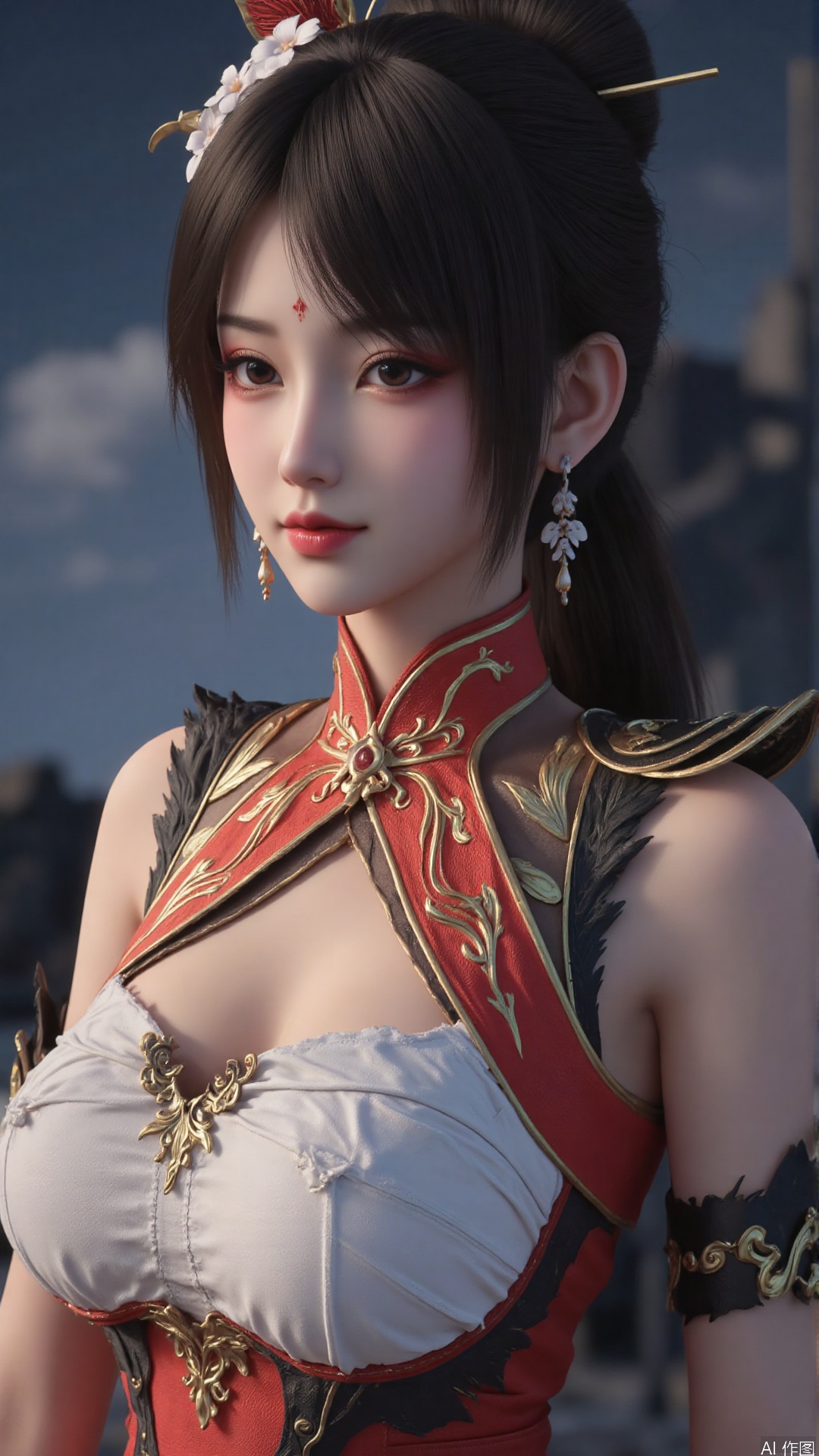 1girl, jewelry, black hair, earrings, hair ornament, solo, looking at viewer, mischevious smile, perfect body, scenery, sharp focus, best quality, masterpiece, detailed outfit, illustration, perfect eyes, finely detailed beautiful anime eyes, realistic skin, intricate details, best lighting, depth of field, ultra high resolution,cowboy_shot