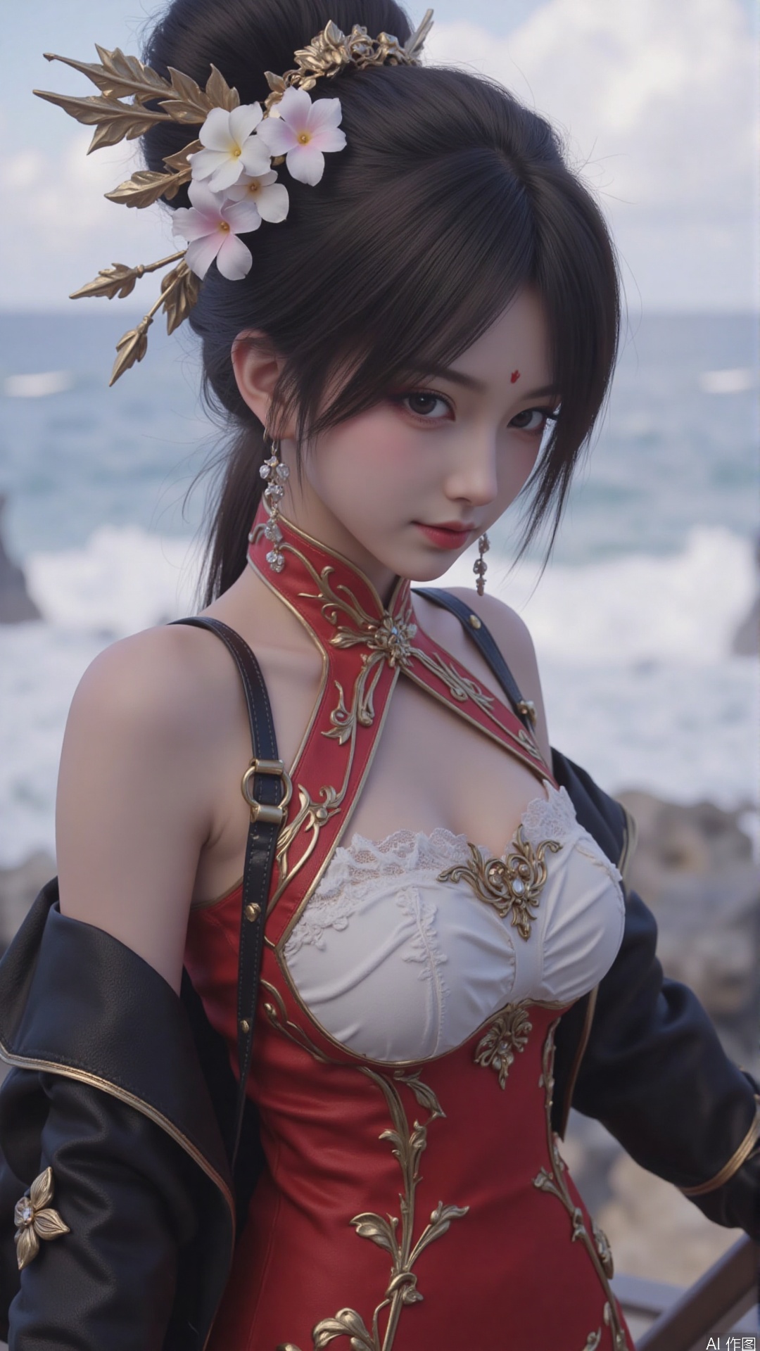 1girl, dress, jewelry, black hair, earrings, hair ornament,forehead mark, solo, looking at viewer, mischevious smile, perfect body, scenery, sharp focus, best quality, masterpiece, detailed outfit, illustration, perfect eyes, finely detailed beautiful anime eyes, realistic skin, intricate details, best lighting, depth of field, ultra high resolution,cowboy_shot