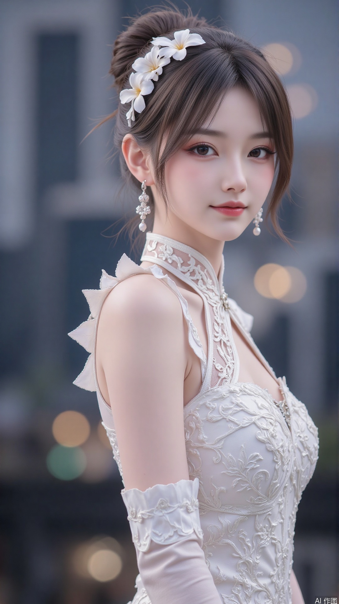 1girl, white wedding dress,looking at viewer, mischevious smile, perfect body, scenery, sharp focus, best quality, masterpiece, detailed outfit, illustration, perfect eyes, finely detailed beautiful anime eyes, realistic skin, intricate details, best lighting, depth of field, ultra high resolution, cowboy_shot, bride
