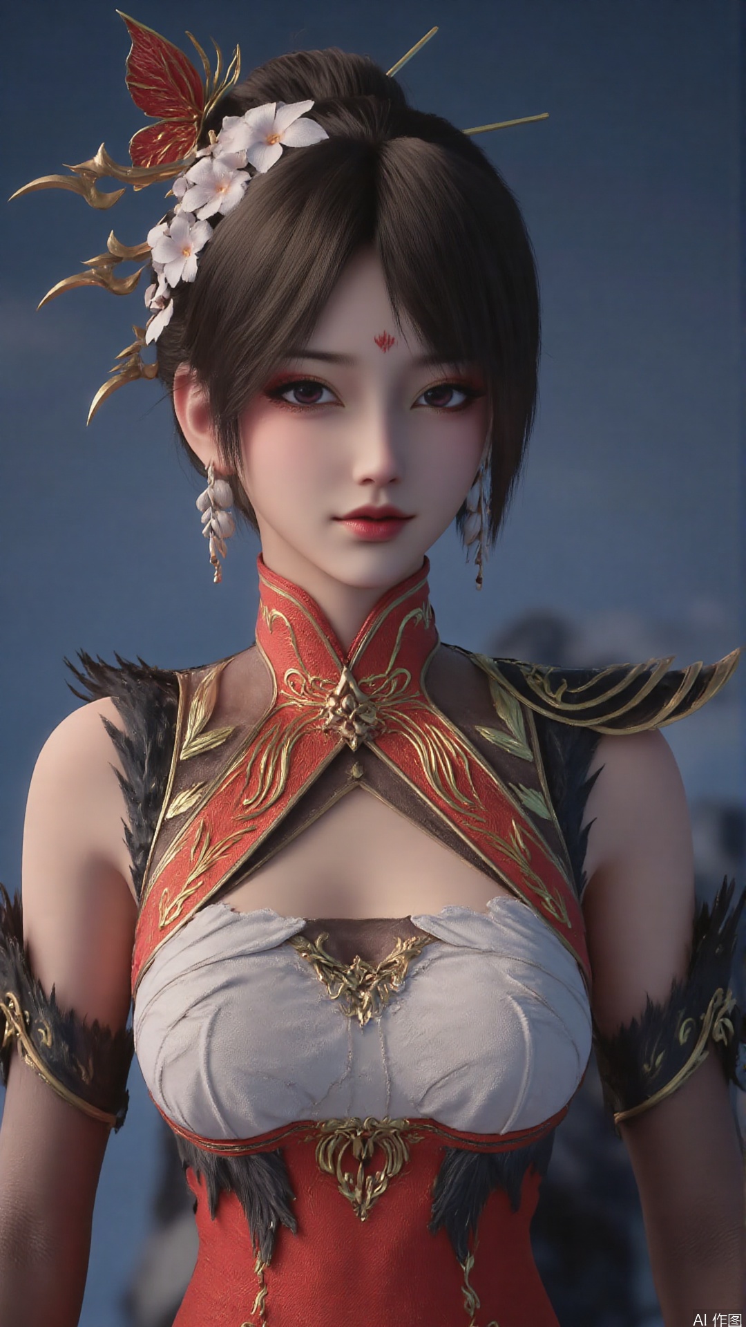 1girl, jewelry, black hair, earrings, hair ornament, solo, looking at viewer, mischevious smile, perfect body, scenery, sharp focus, best quality, masterpiece, detailed outfit, illustration, perfect eyes, finely detailed beautiful anime eyes, realistic skin, intricate details, best lighting, depth of field, ultra high resolution,cowboy_shot