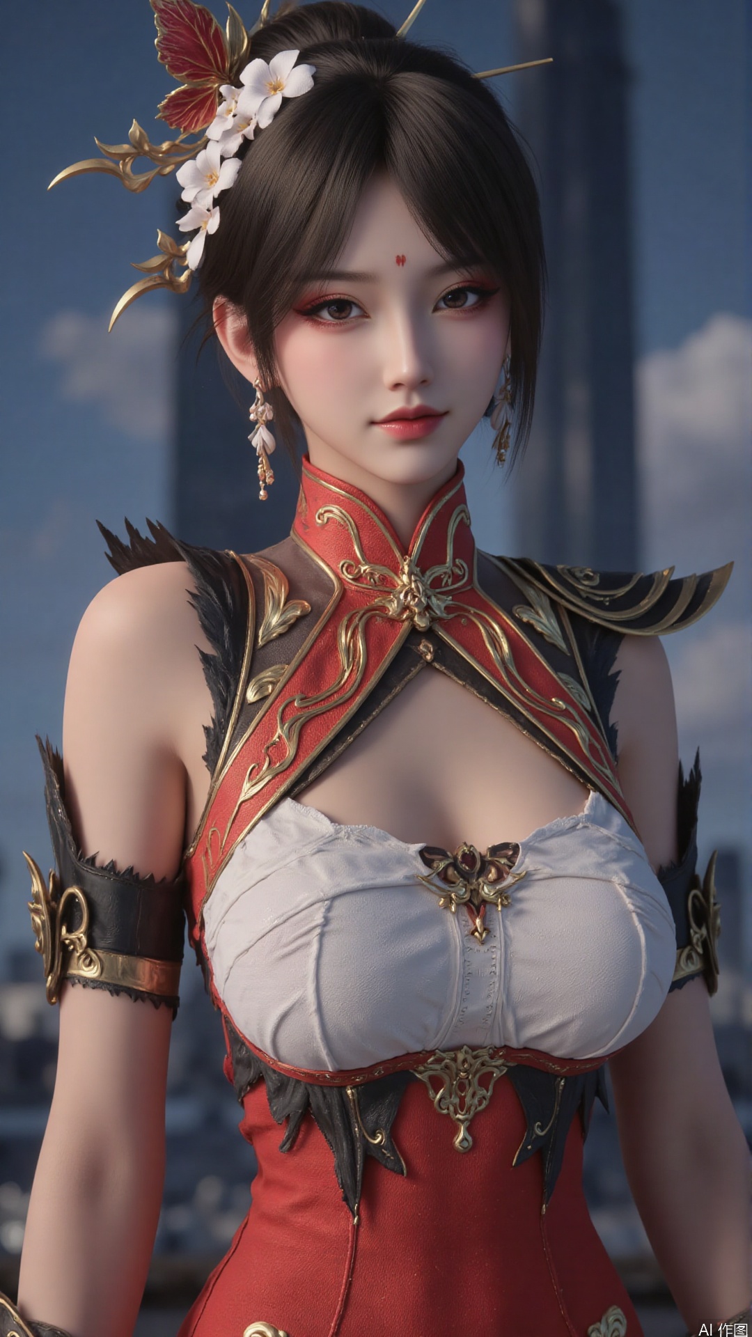 1girl, jewelry, black hair, earrings, hair ornament, solo, looking at viewer, mischevious smile, perfect body, scenery, sharp focus, best quality, masterpiece, detailed outfit, illustration, perfect eyes, finely detailed beautiful anime eyes, realistic skin, intricate details, best lighting, depth of field, ultra high resolution,cowboy_shot