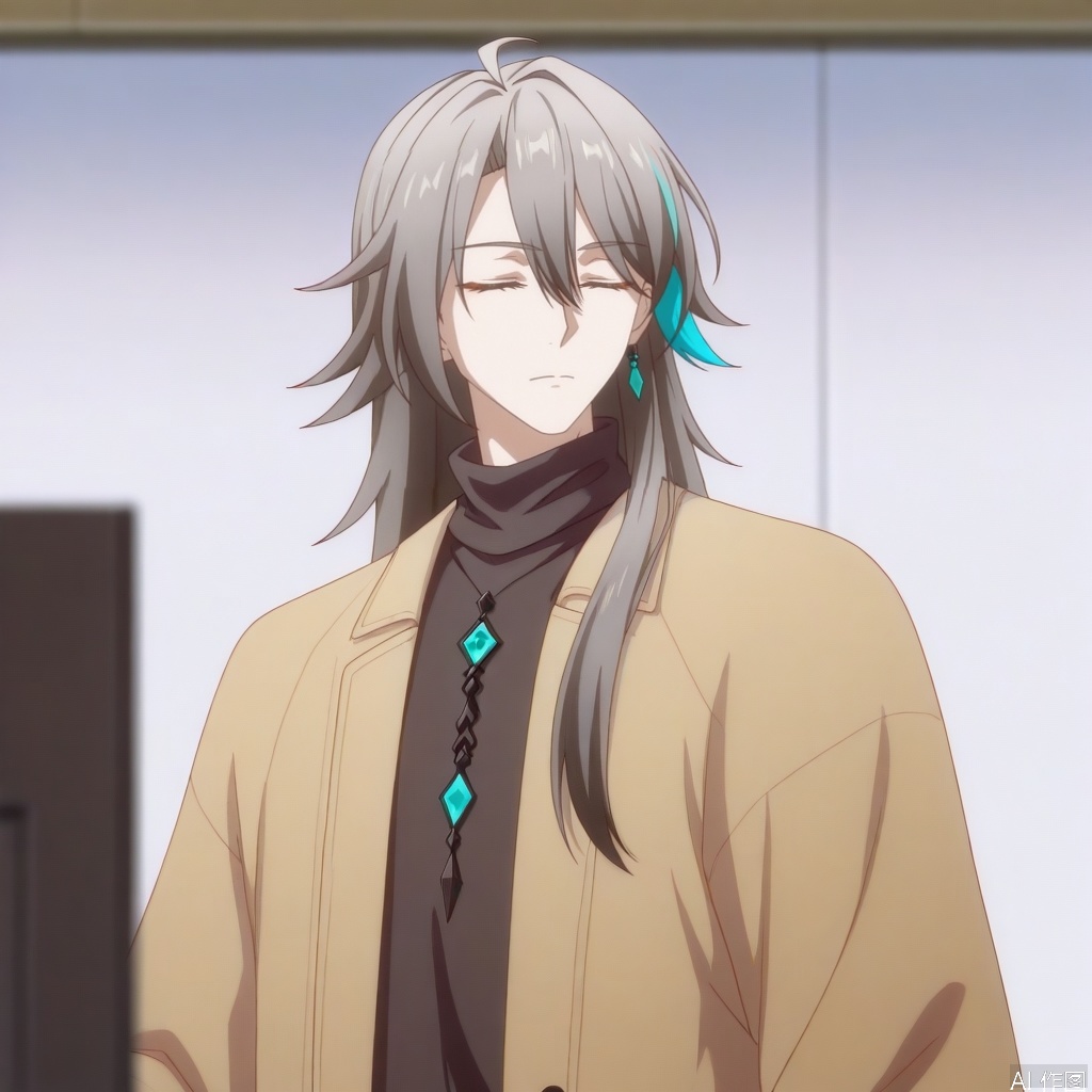 solo,(white background:1.2),simple background,su_honkai_3rd,anime_style,long hair,1boy,male focus,jewelry,closed mouth,closed eyes,grey hair,necklace,bracelet,sweater,turtleneck,multicolored hair,hair between eyes,coat,jacket,earrings,streaked hair,belt,hair stick,hair ornament,pants,black shirt